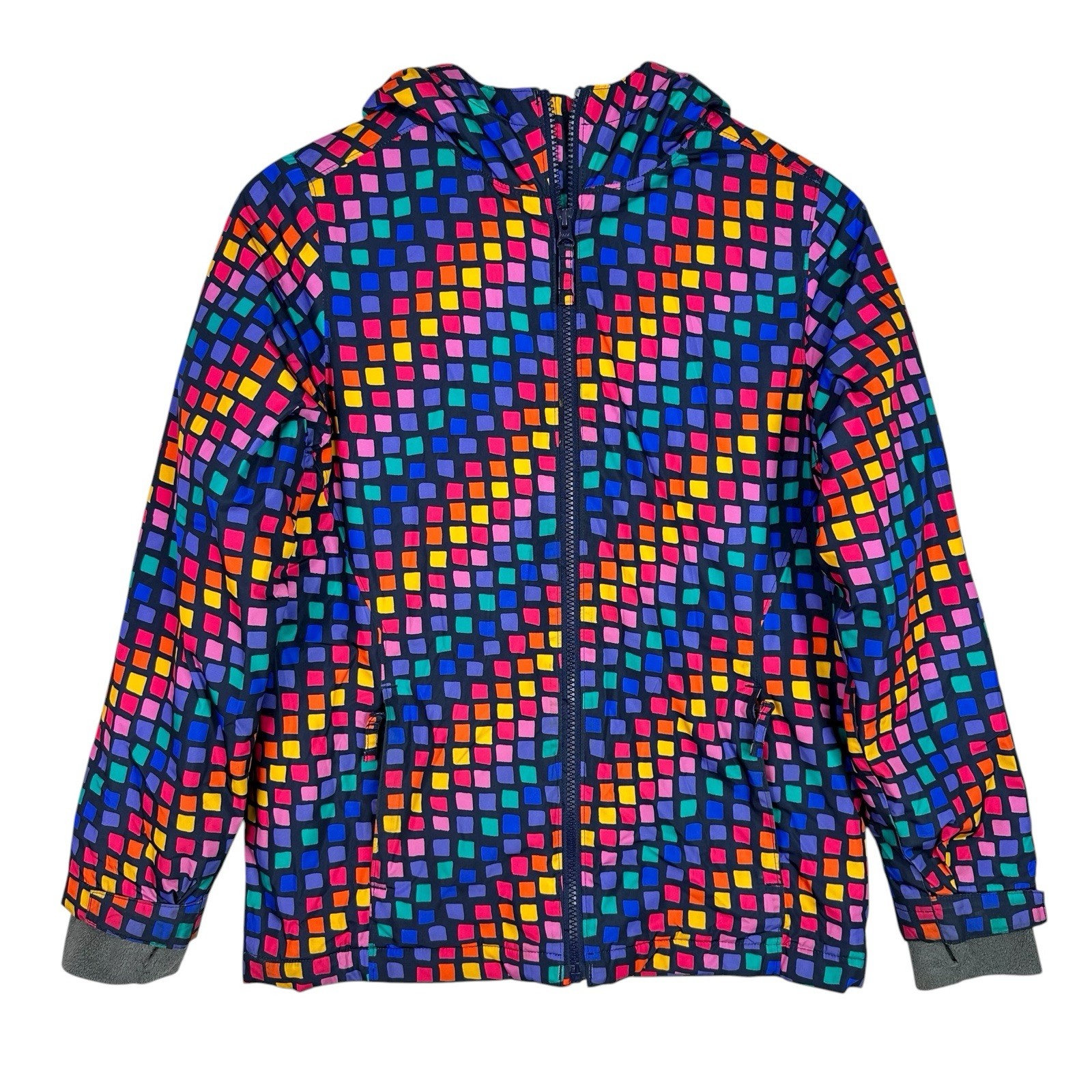 Lands’ End Kids Hooded Jacket M 10-12 Multicolor Square Pattern FeatherFree