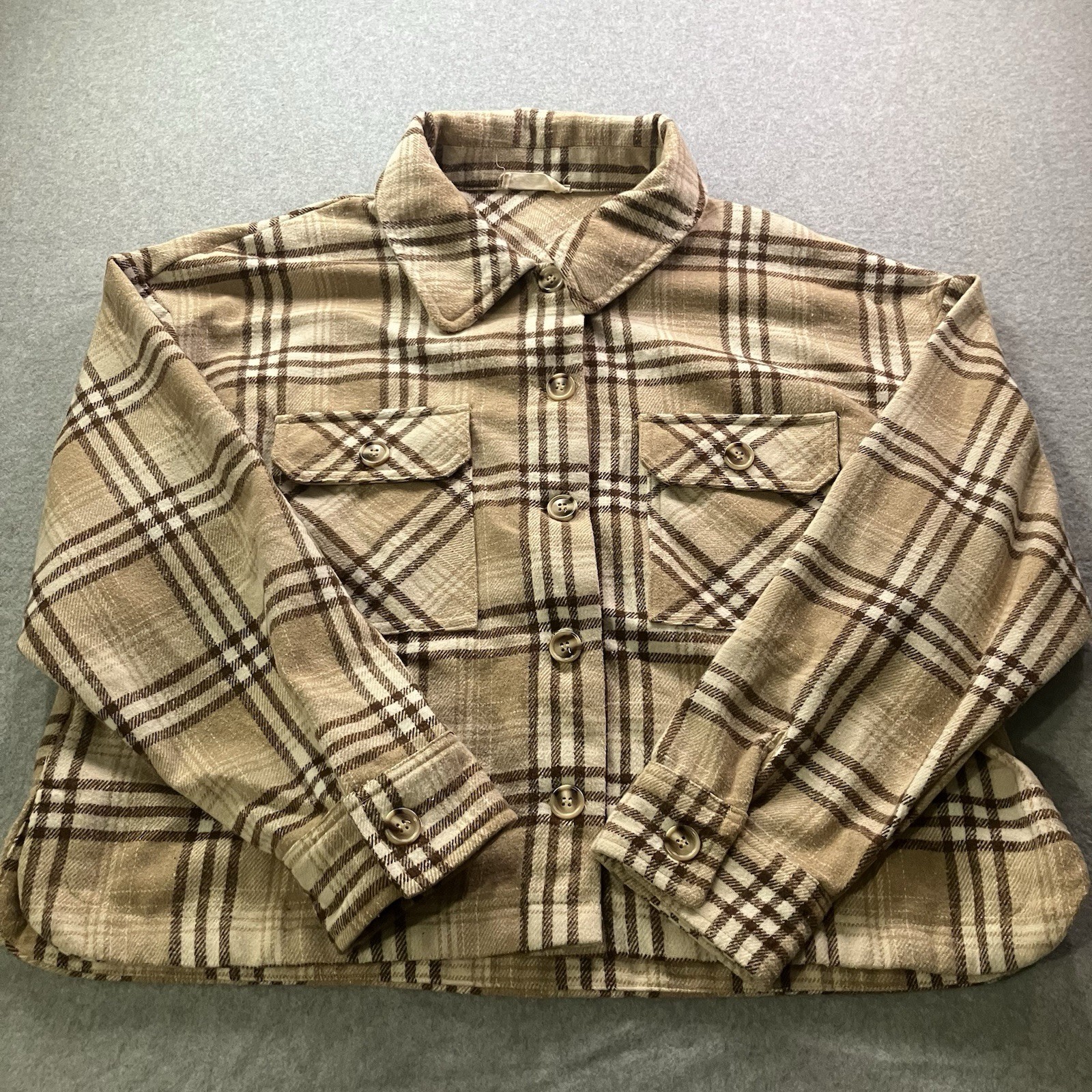 Altar’d State Shacket Large Tan/Brown Plaid Oversized Shirt Jacket Flannel Knit