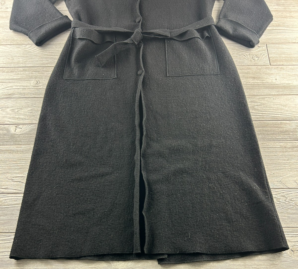 April Cornell Women’s Size ML Black Wool Women’s Coat Button Up Long Tie Waist