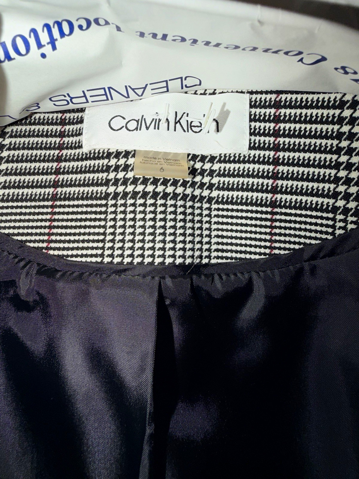 Calvin Klein Women’s 6 Black/White Plaid Long Blazer Jacket Button Lined Pockets