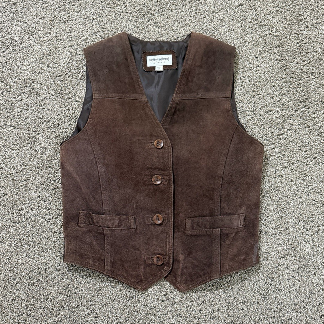 Kathy Ireland Women’s Brown Leather Button Front Vest Lined Pockets Size M