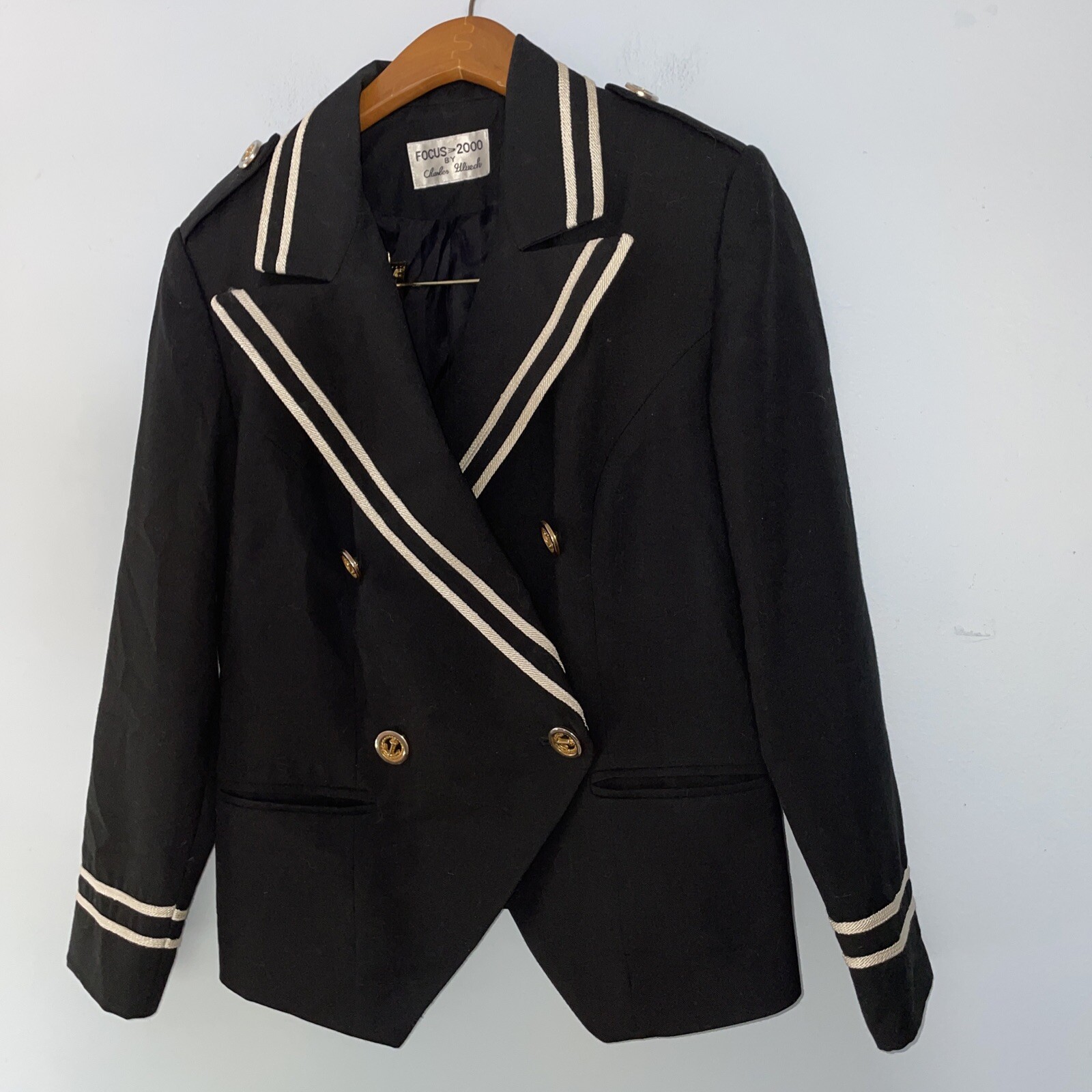 Vtg 90s FOCUS 2000 Charles Glueck Women Sz 4 Cropped Nautical Blazer Black