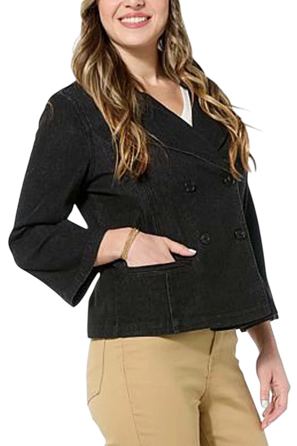 DG2 by Diane Gilman Women’s Drape Denim Double-Breasted Jacket Black