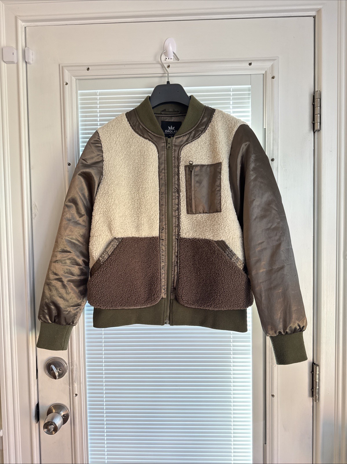 Orolay Fleece Down Puffer Sleeves in Olive Green & Beige Women Small Jacket Zip
