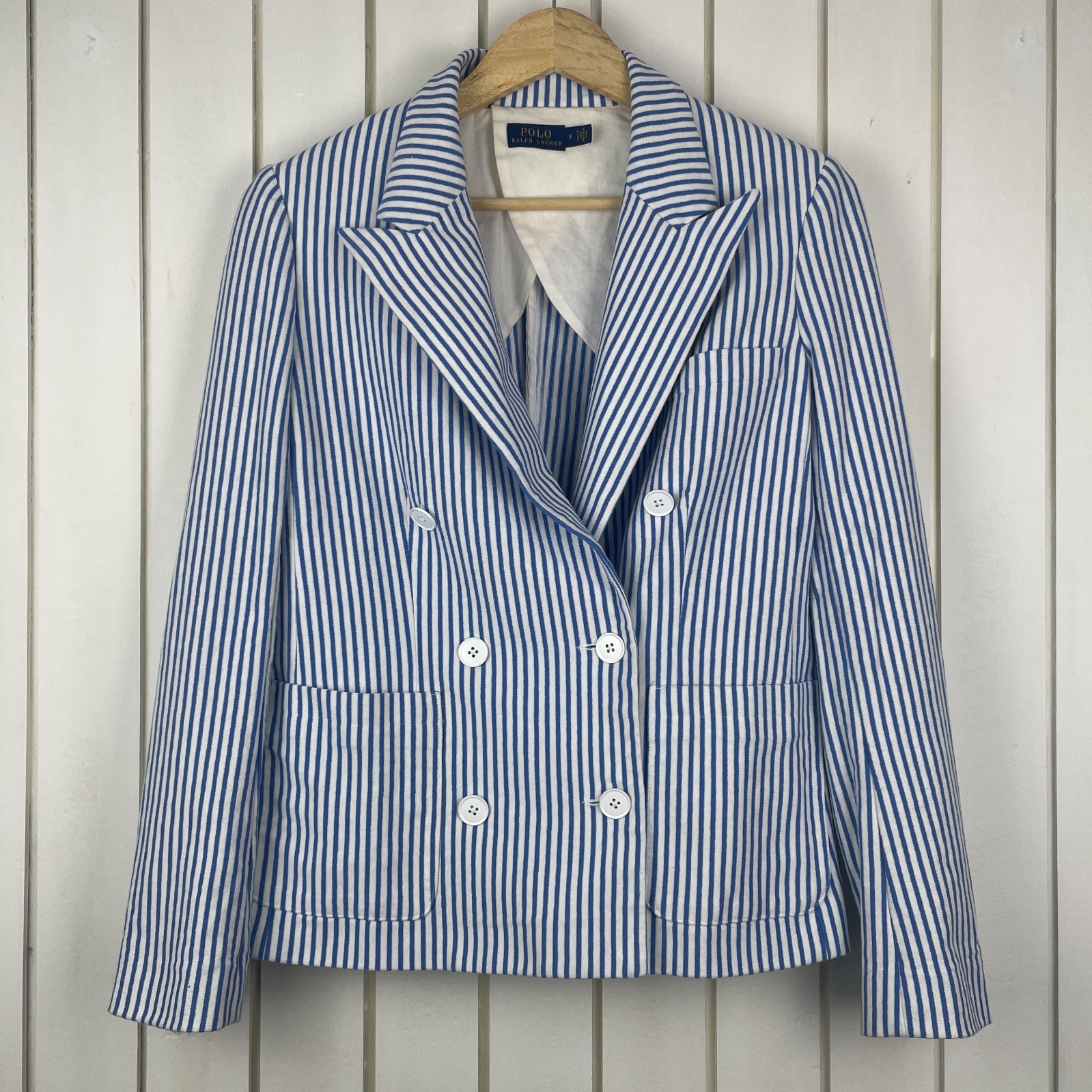 Polo Ralph Lauren Womens Blazer Jacket Striped Seersucker Size 8 Double Breasted