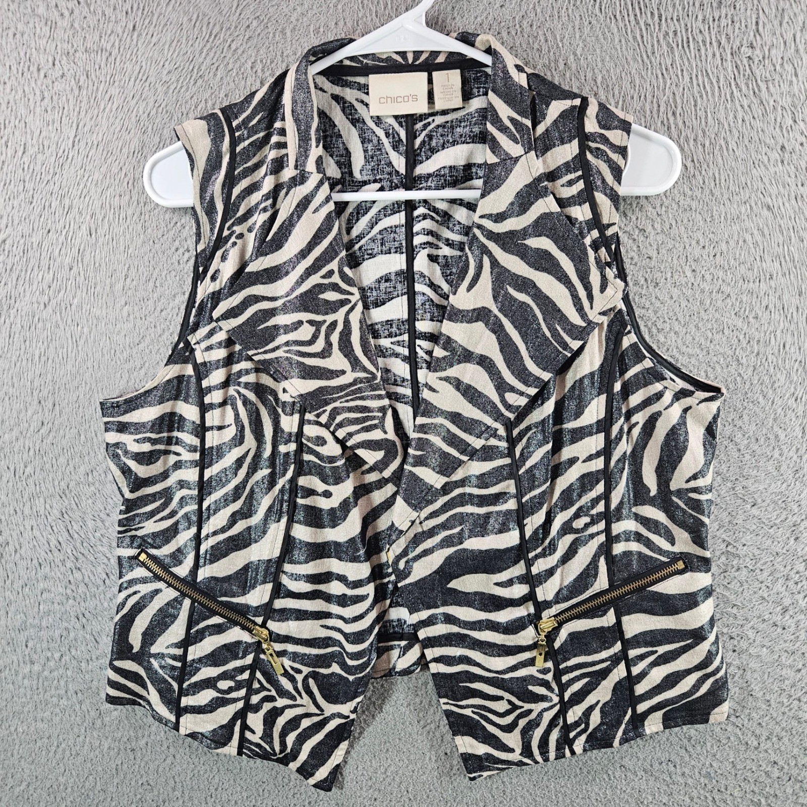 Chico’s Zebra Print Linen Blend Metallic Vest Size 1 Medium Black Beige Zip