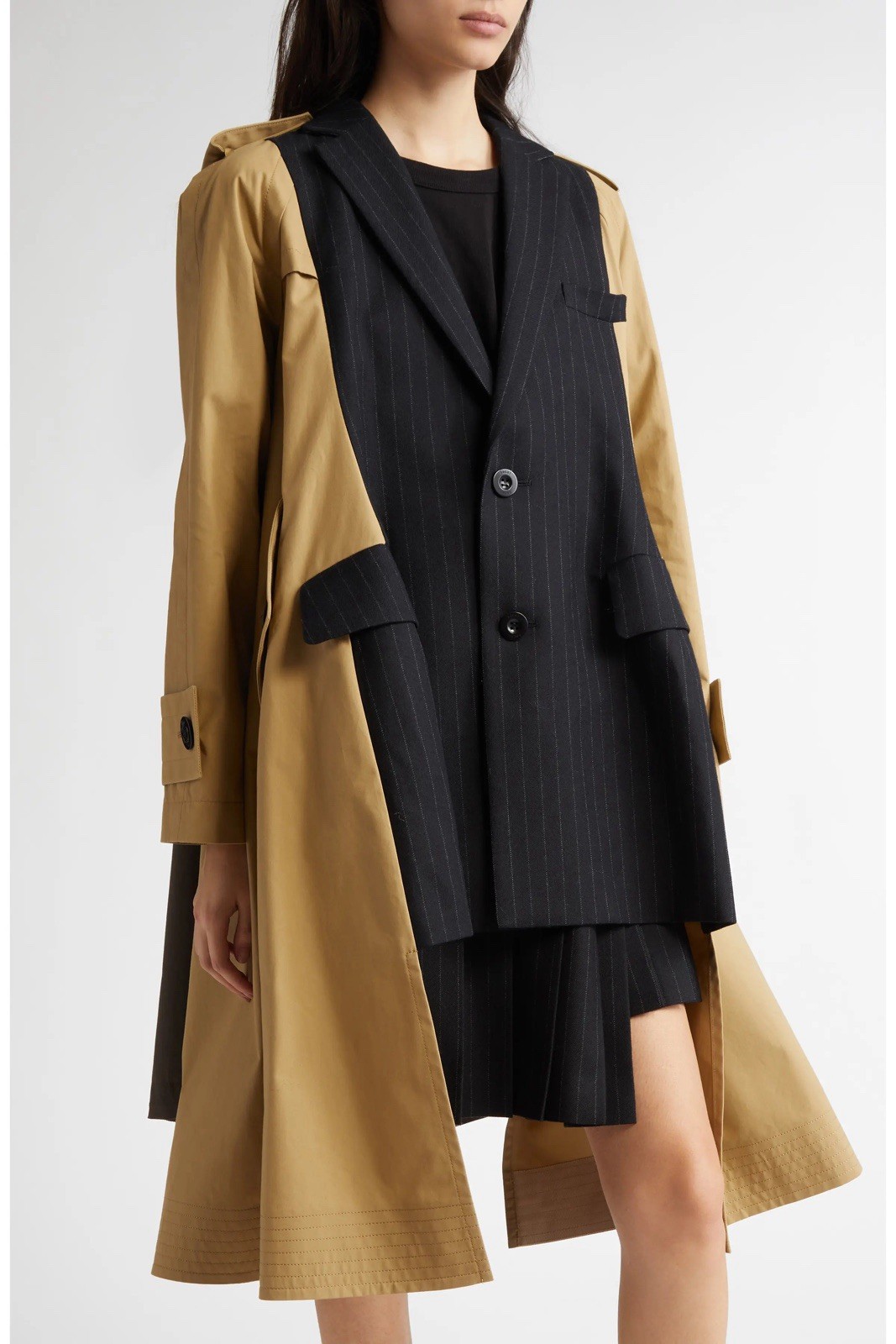 sacai Beige/Black Long Trench Coat Lined Relaxed Fit Pockets Size 3 24-07610