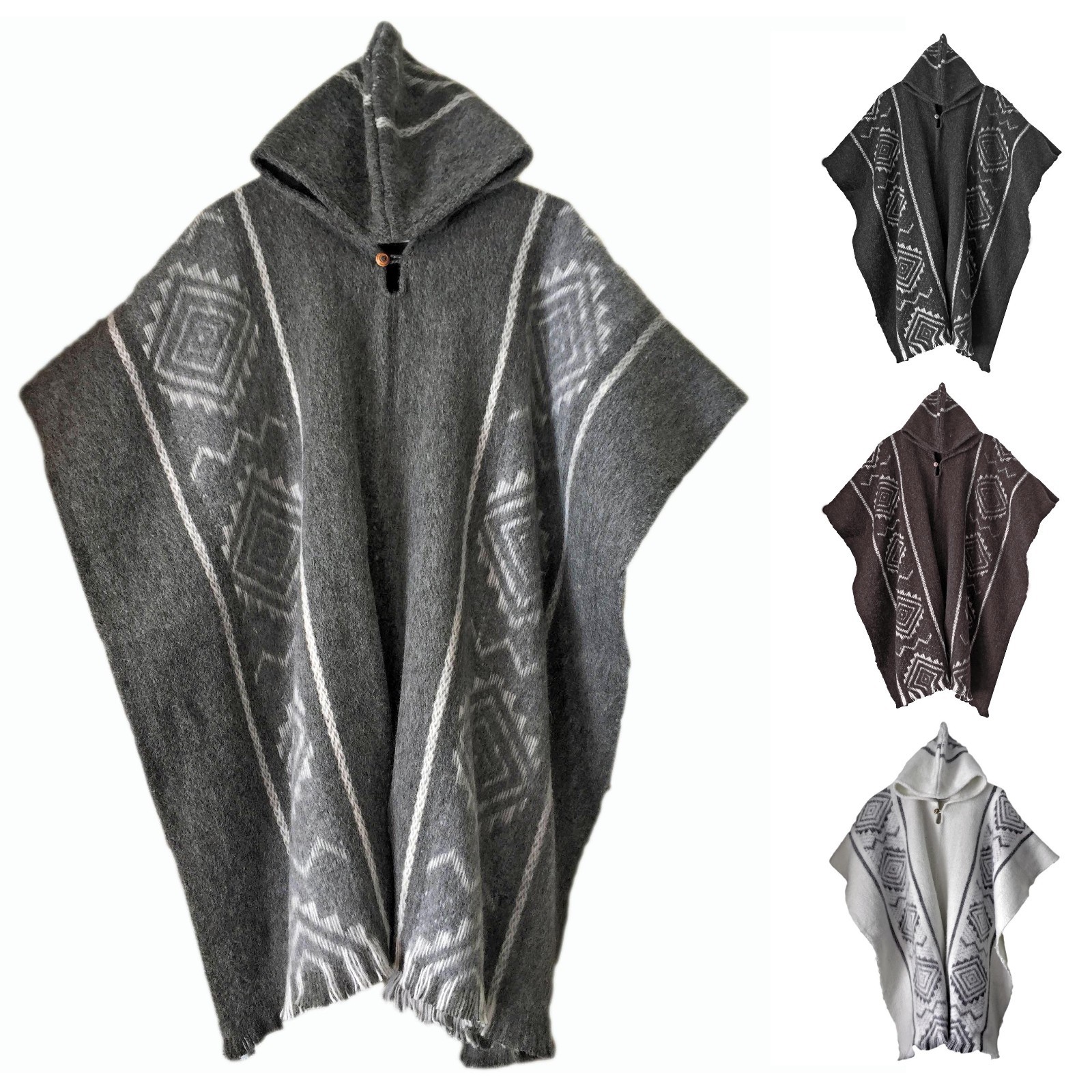 LLAMA WOOL MENS UNISEX PONCHO COAT JACKET PULLOVER WITH HOOD HANDMADE IN ECUADOR