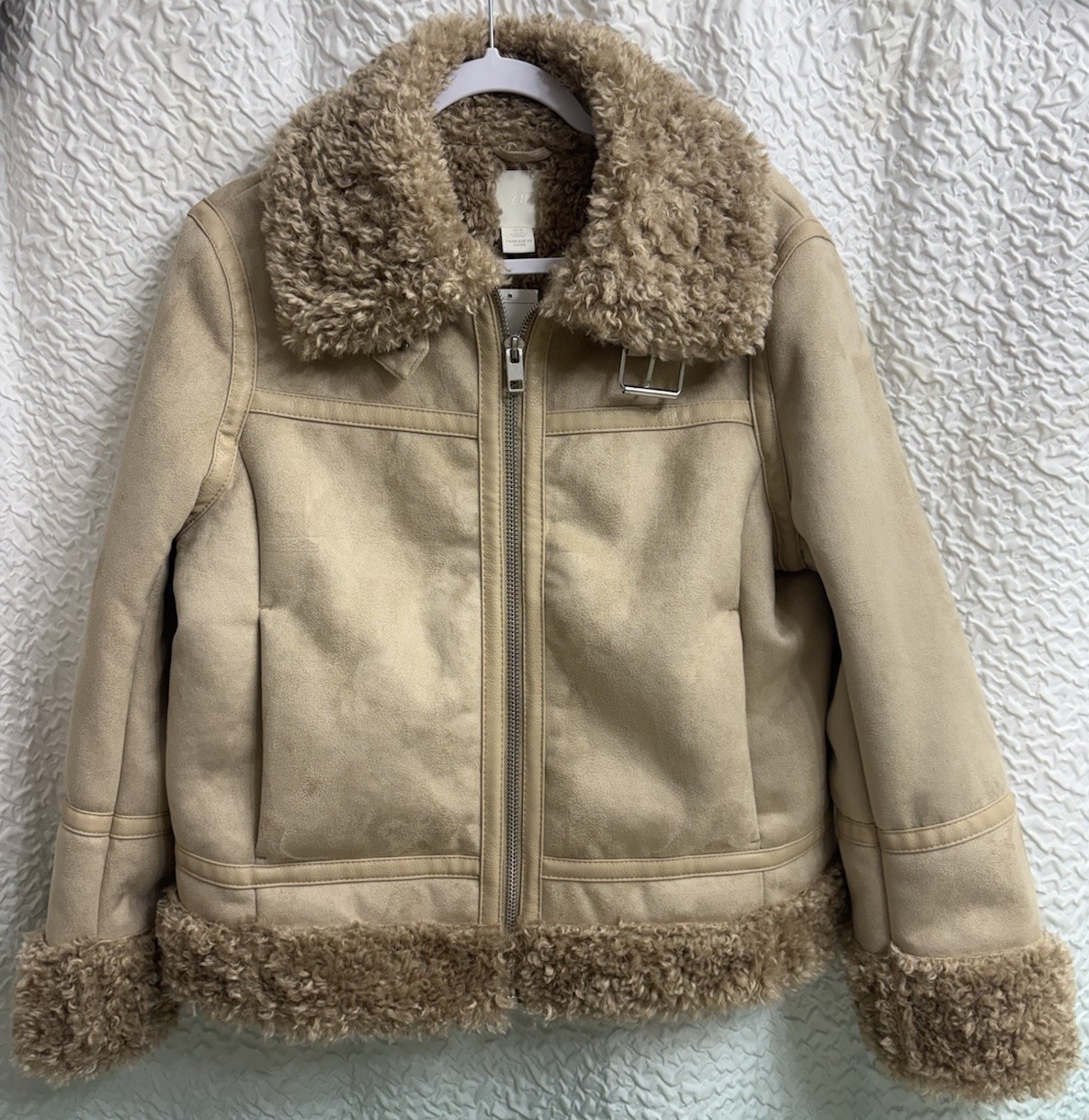 H&M Women SZ M Faux Suede Shearling Lined Aviator Jacket Tan Sherpa Biker Coat