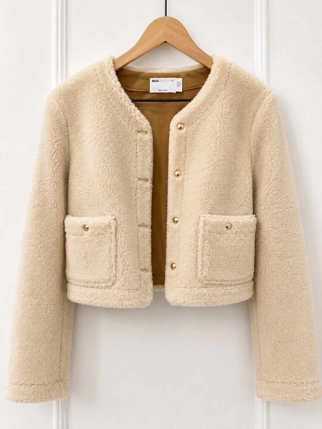 ASOS DESIGN collarless bonded borg jacket in cream Sz 2