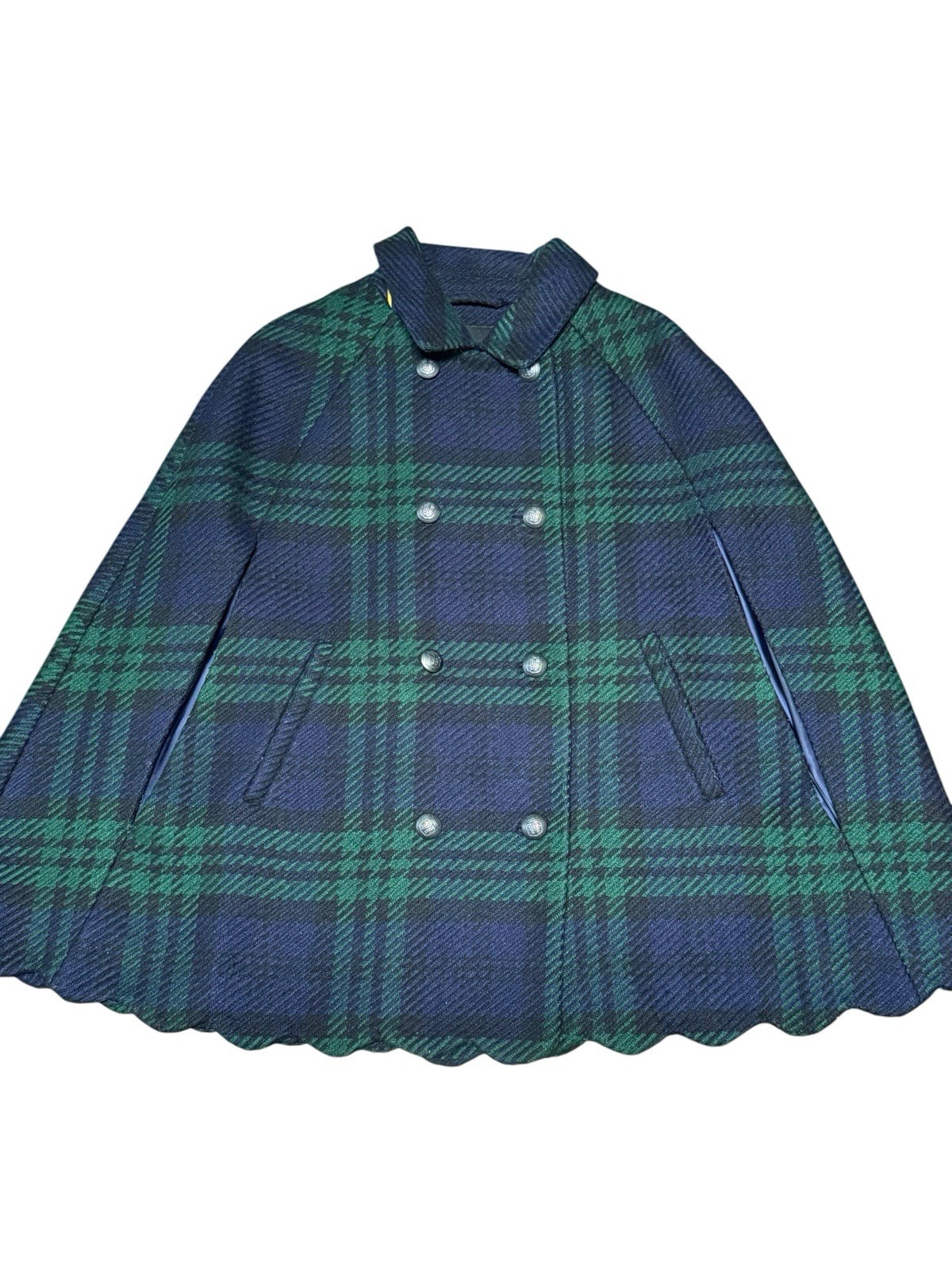 Talbots Blue Green Plaid Wool Cape Button-Front Lined Short Coat, Women’s M