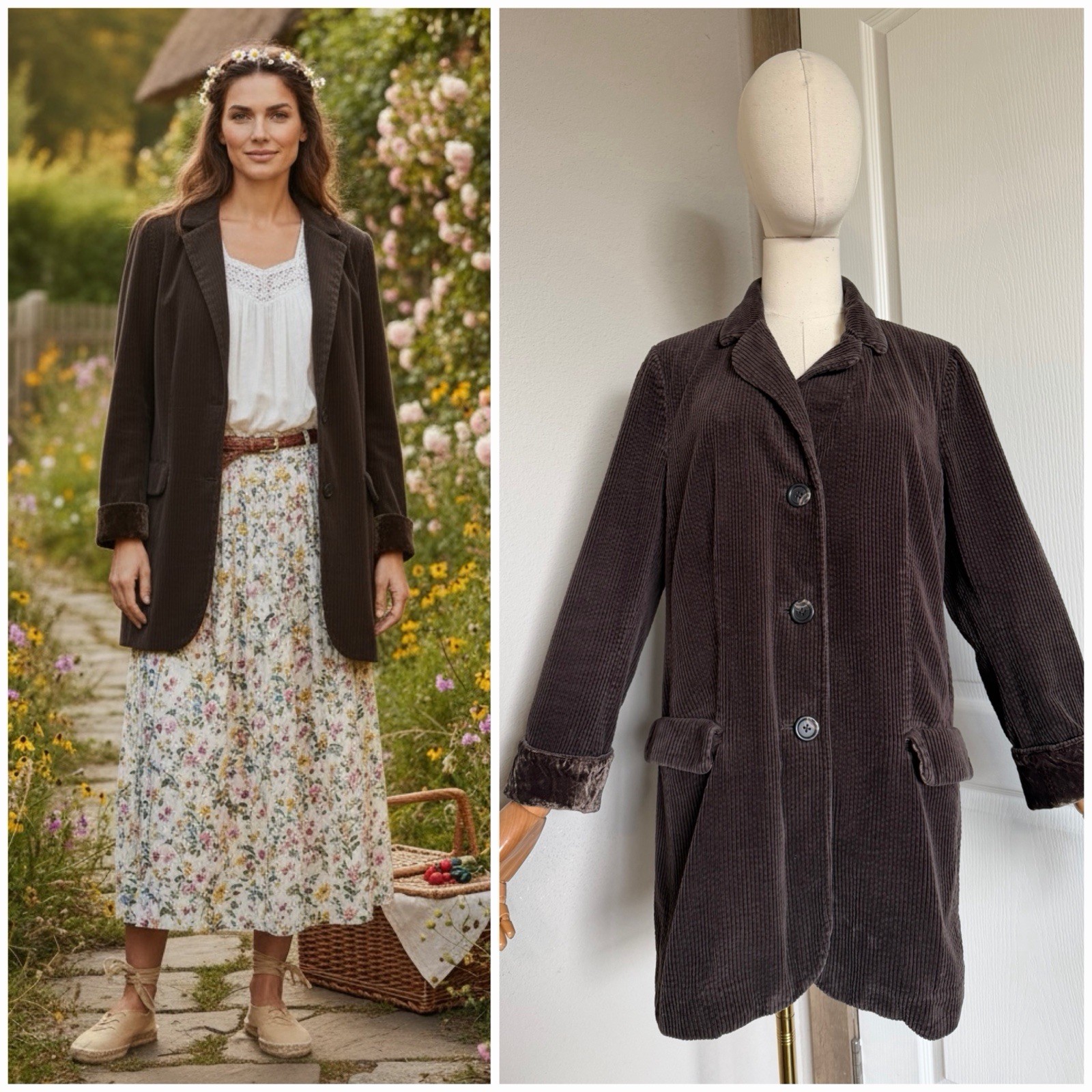Vintage J. Jill Wide Corduroy Barn Jacket Women’s M Brown Chore Velvet Accent