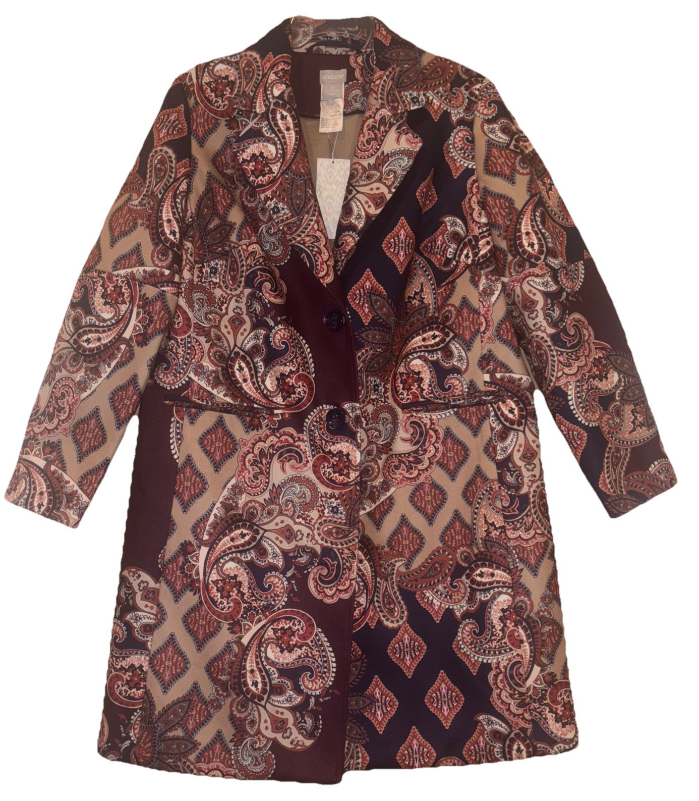 Chico’s NWT Paisley Print Lined Coat Button Front Sz 1P Knee Length Machine Wash
