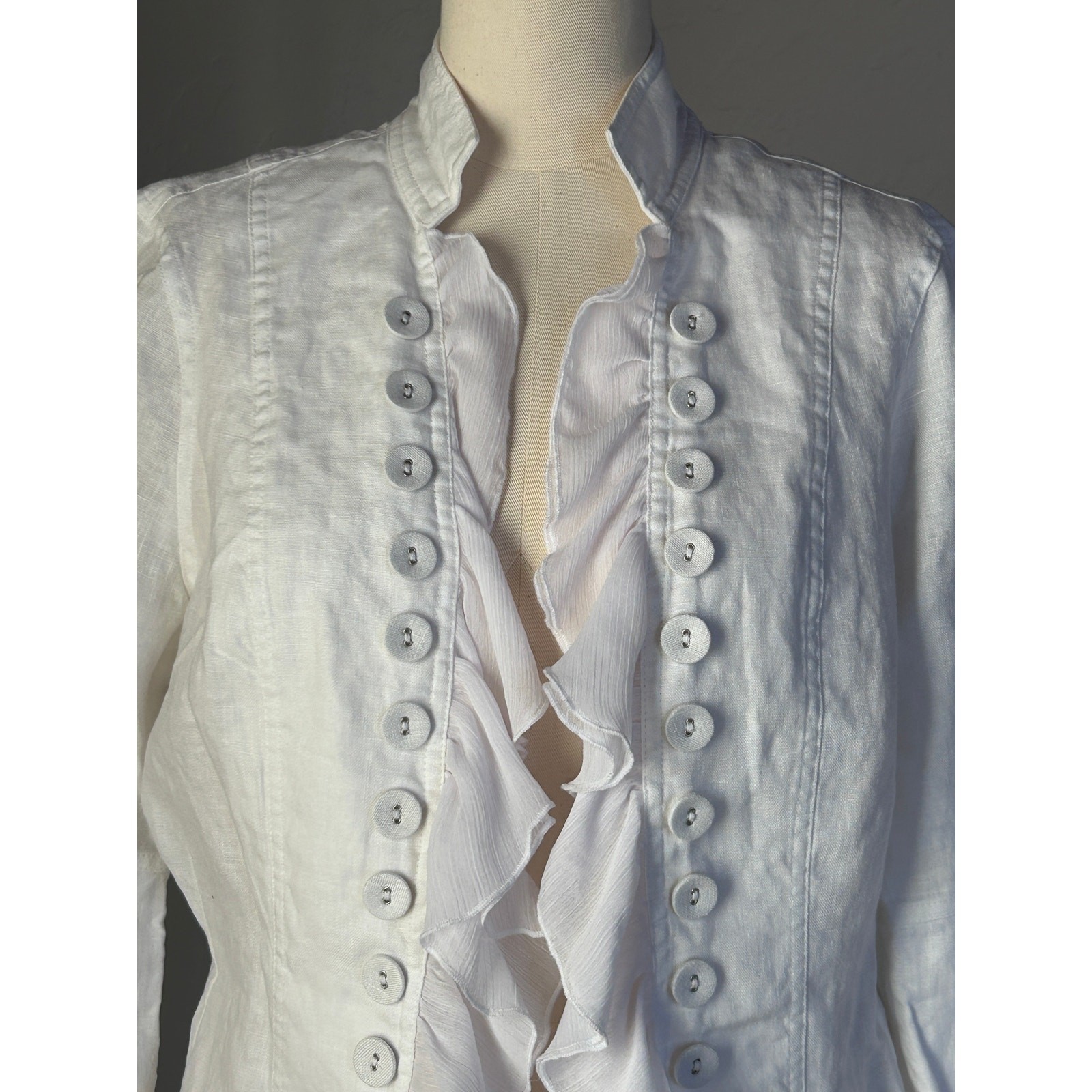 Linen Prairie Victorian Jacket Equestrian Button Ruffle Romantic Top White M