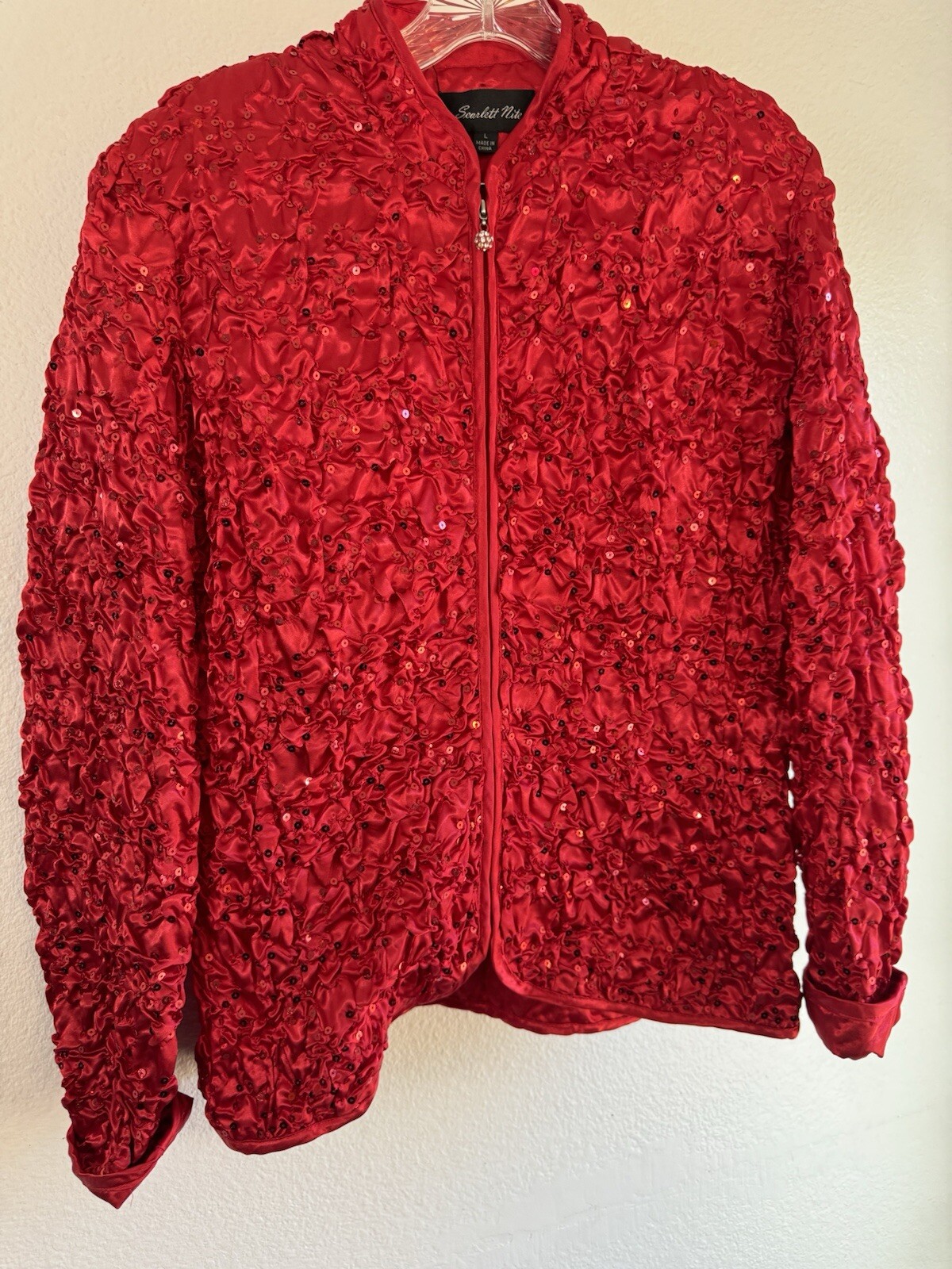 Scarlett Nite Women’s Red Satin Sequin Quilt Crinkle Zipper Long Sleeve Jacket