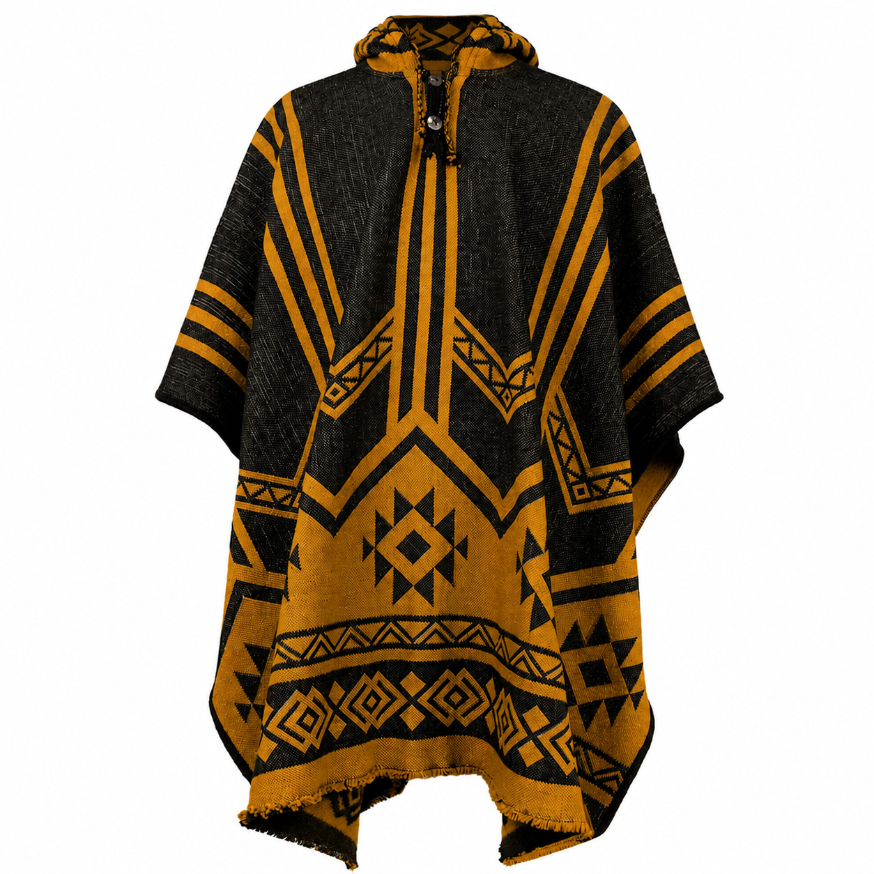 LLAMA WOOL UNISEX SOUTH AMERICAN PONCHO PULLOVER BLACK&MUSTARD AZTEC PATTERN
