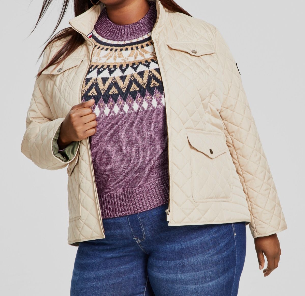 Tommy Hilfiger Women’s Beige Stand-Collar Lined Logo Quilted Jacket Plus Size 1X