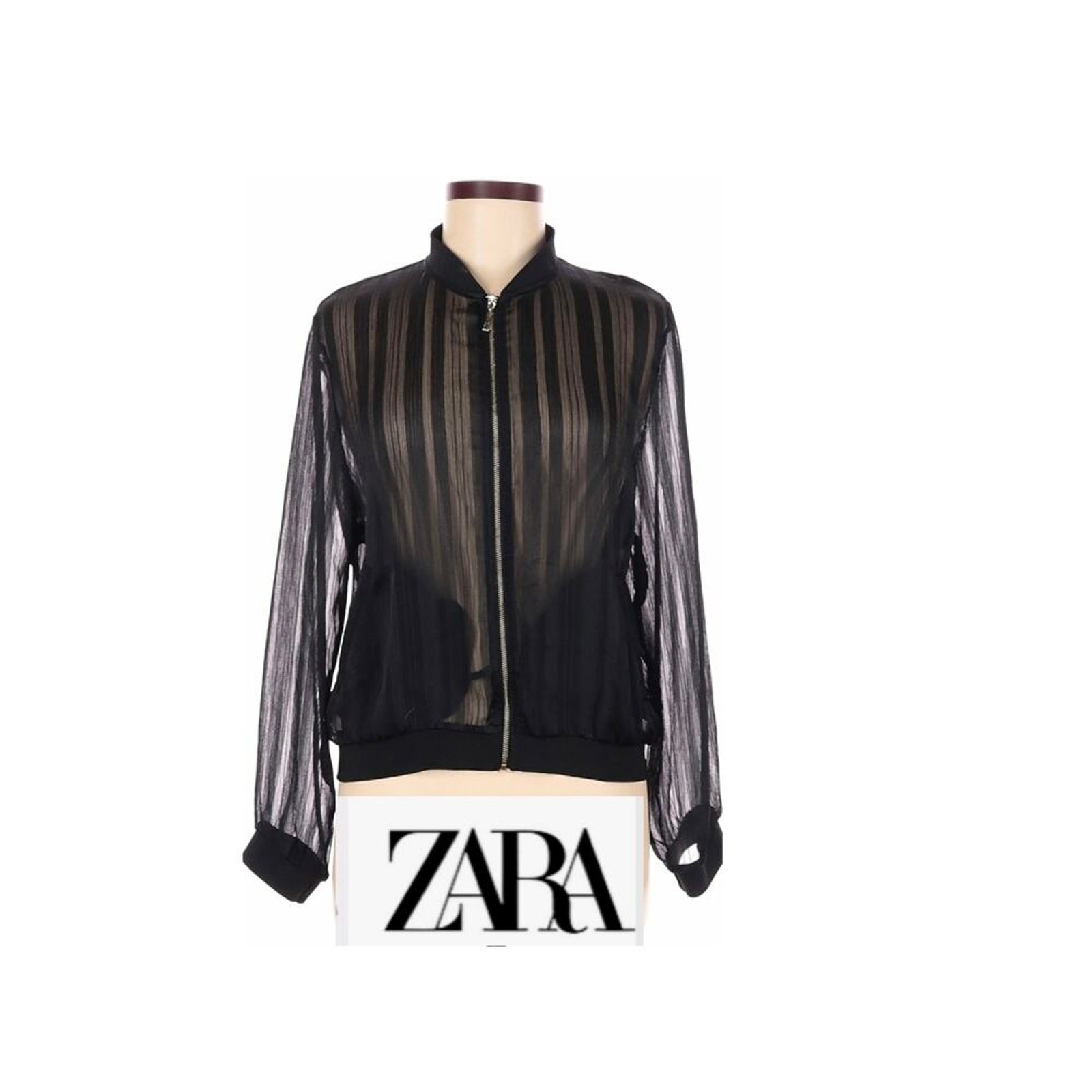 ZARA sheer textured vertical stripes with zipper front and pockets. L