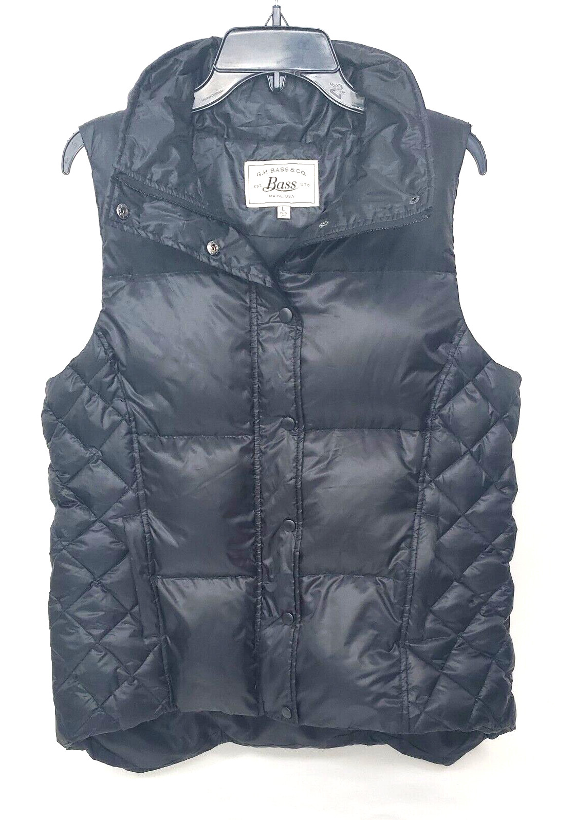 GH Bass CO Womens Black Full Zip Snap Puffer Vest Down Feather Knit Back SZ L