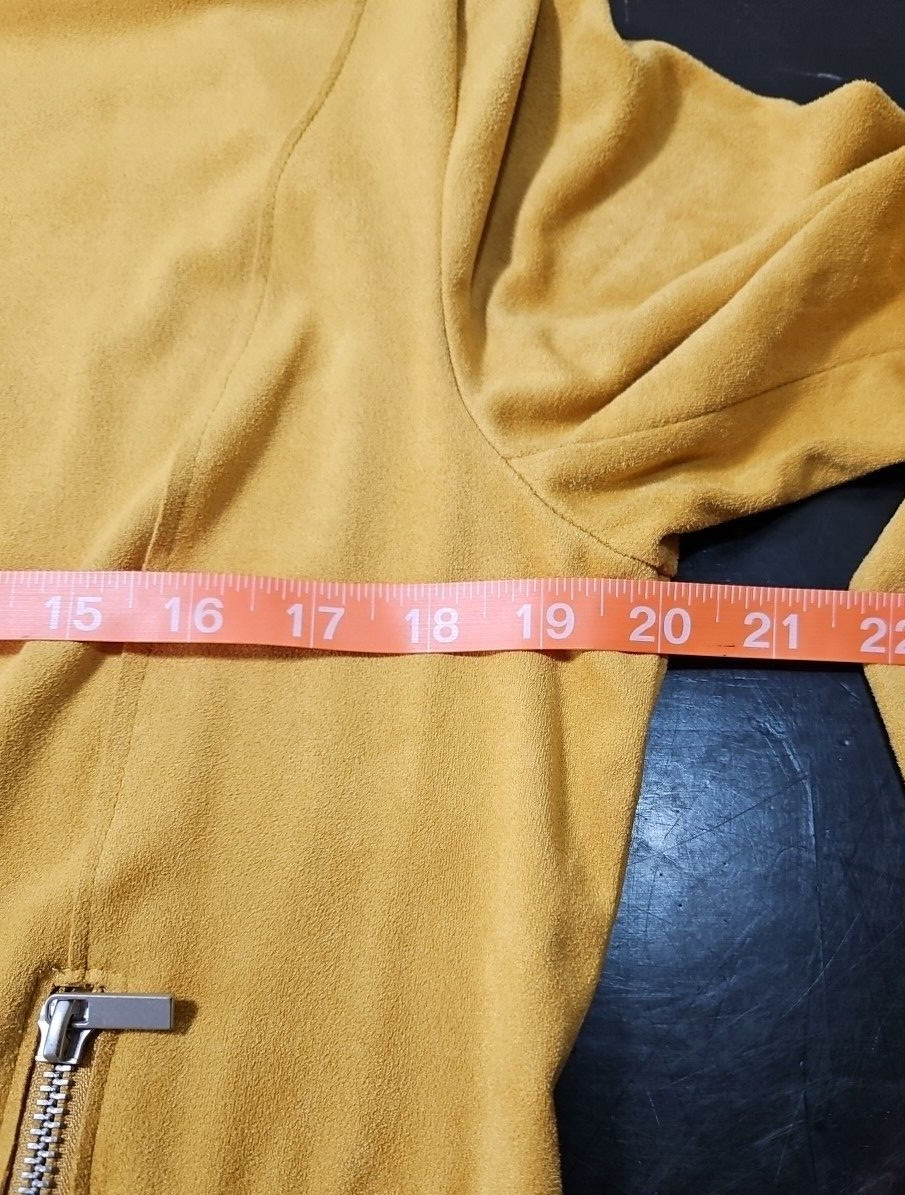 BAGATELLE Open Front Wrap Faux Suede MOTO Jacket Gold Yellow Mustard Sz W/LG EUC