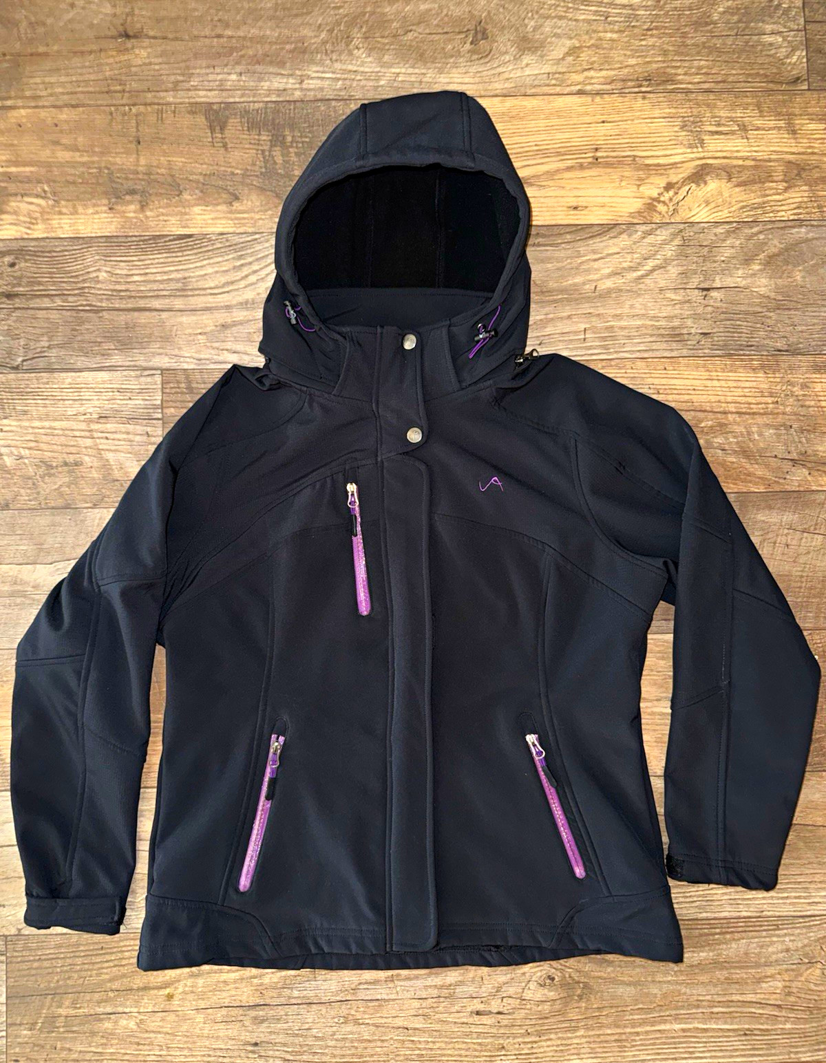 Vertical9 Women’s Medium Black Hooded Softshell Jacket Pink Sparkle Zippers