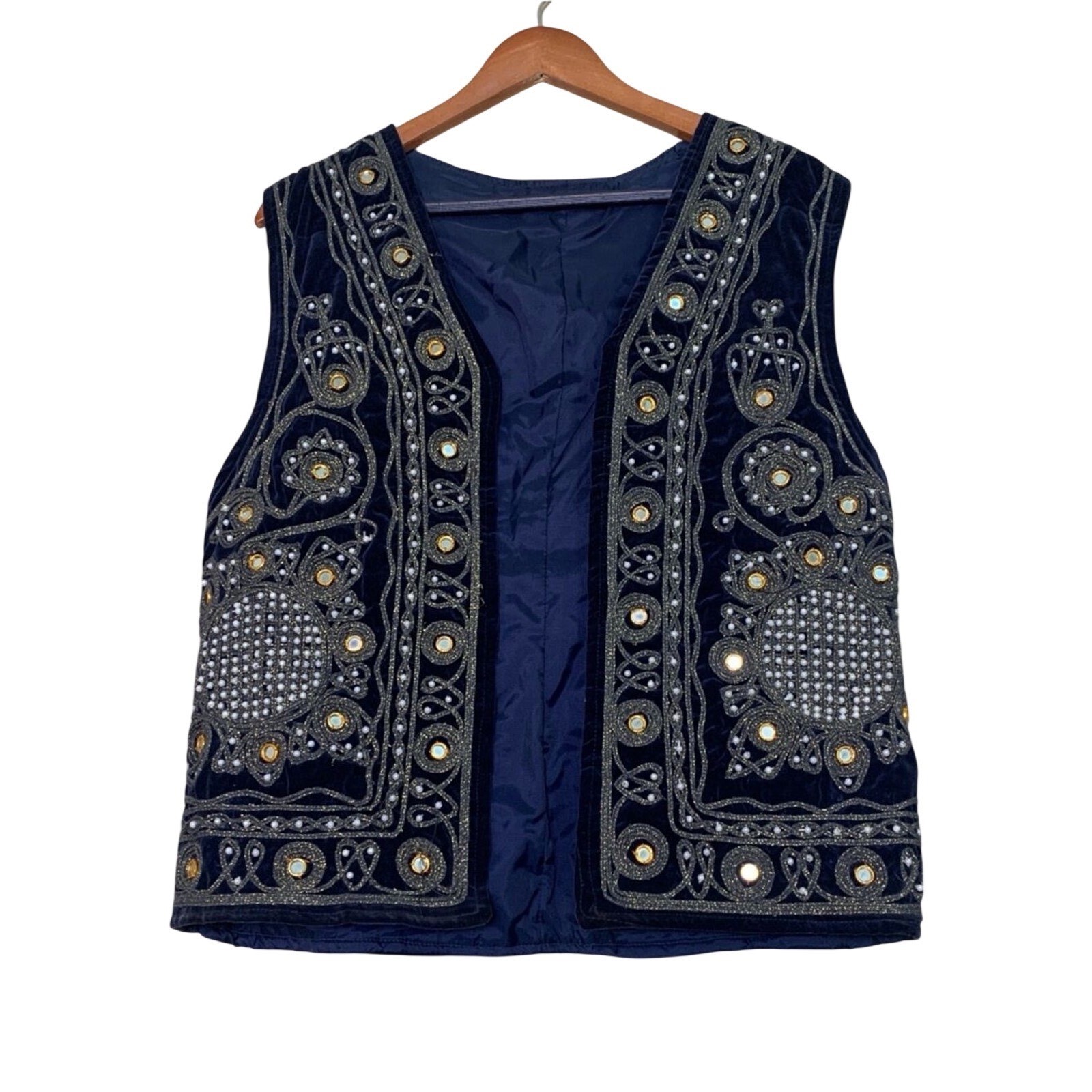 Vintage Velvet Embroidered Vest Womens S Navy Blue Mirror Shisha Bohemian Hippie