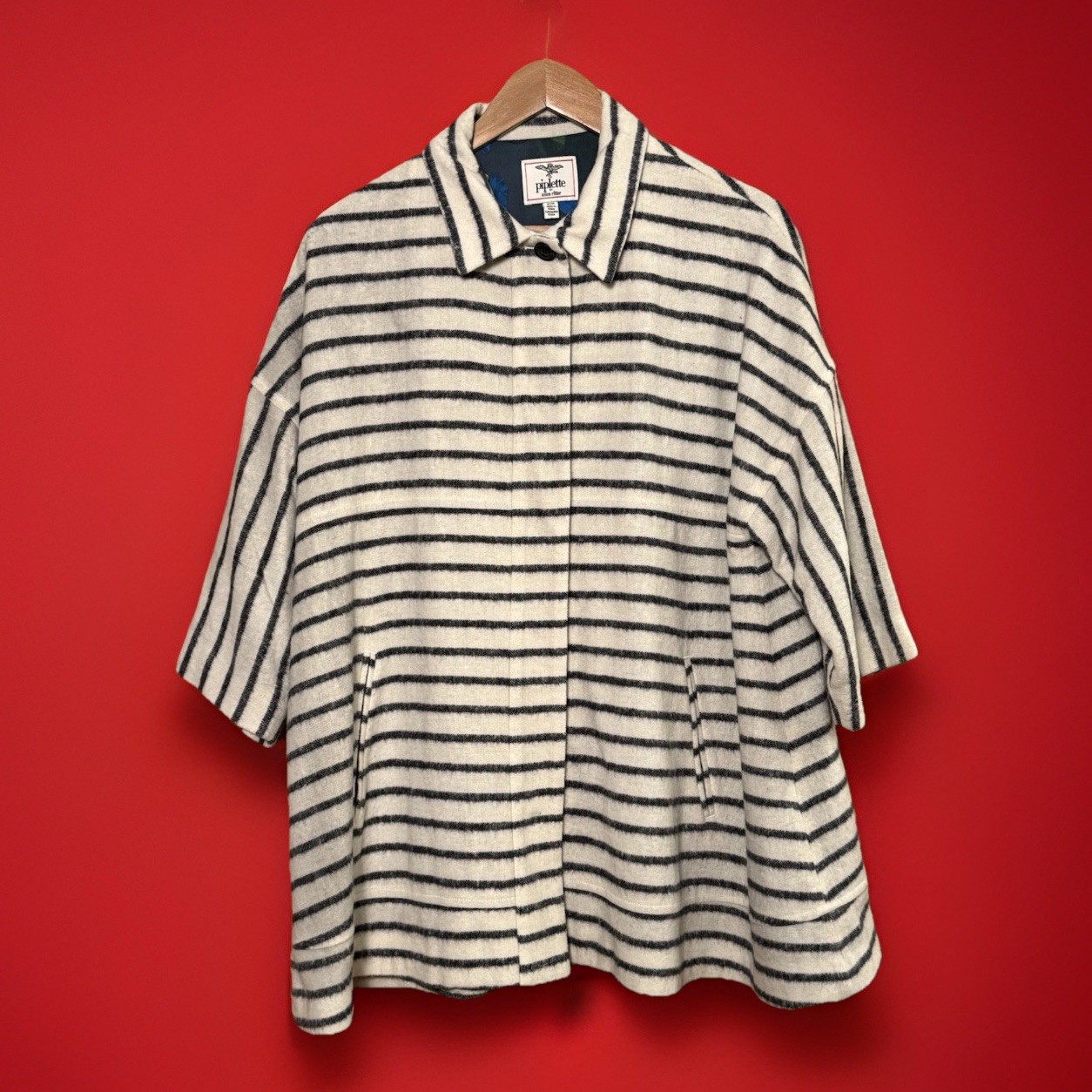 Piplette by Alice Ritter Wms M Coat Jacket Cream Stripe Lined Print Wool Blend