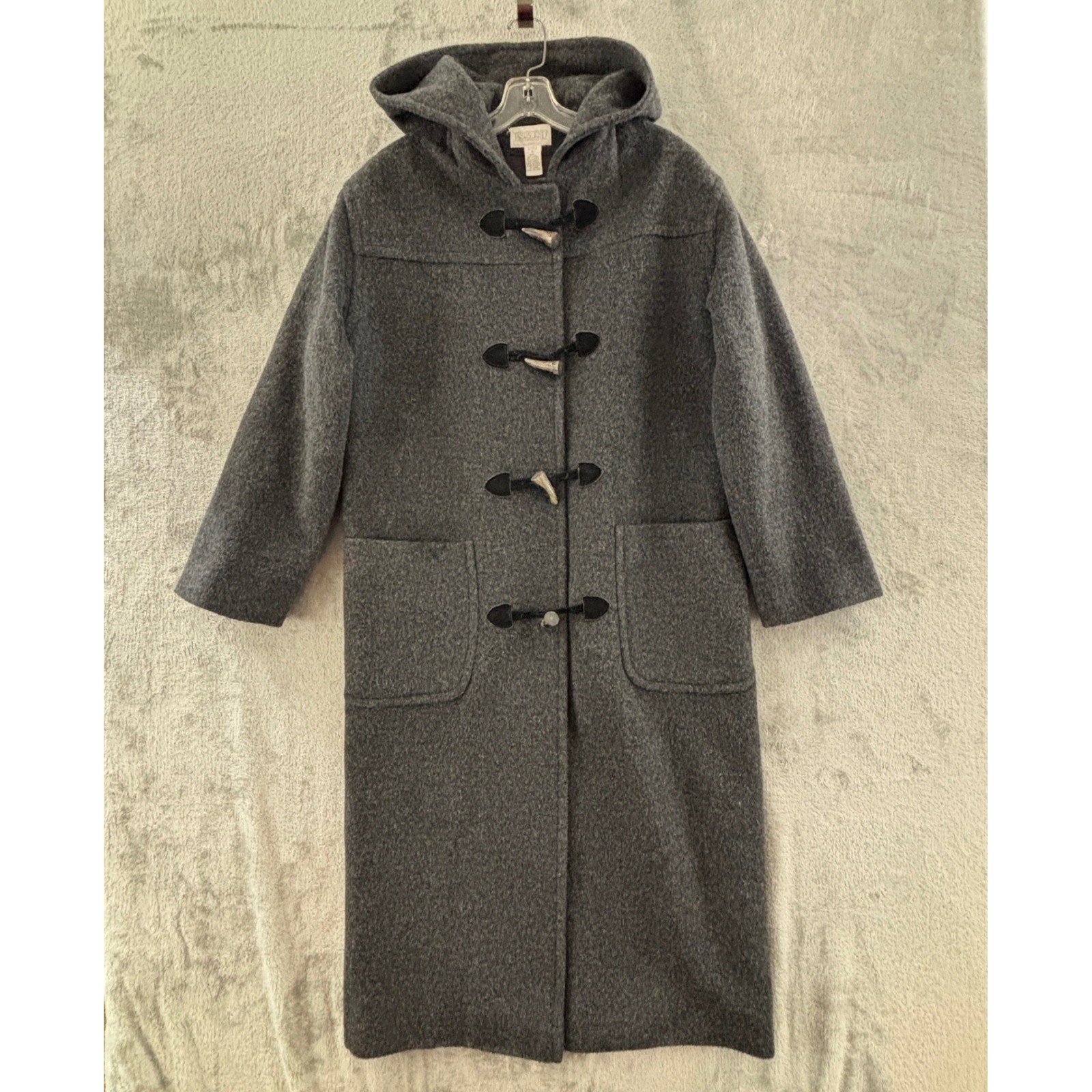 Vintage Lands’ End Duffle Coat Womens 10 Gray Wool Toggle Hood Pockets 48″ Long