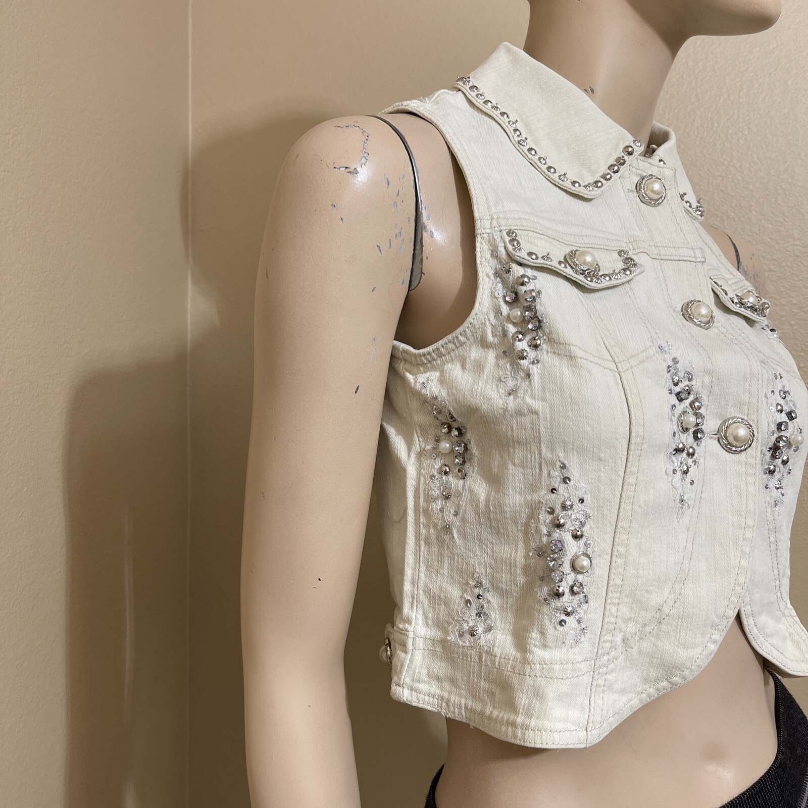 Women’s White Cotton Denim Casual Summer Stretch Slim Beaded Glitter Size M Vest