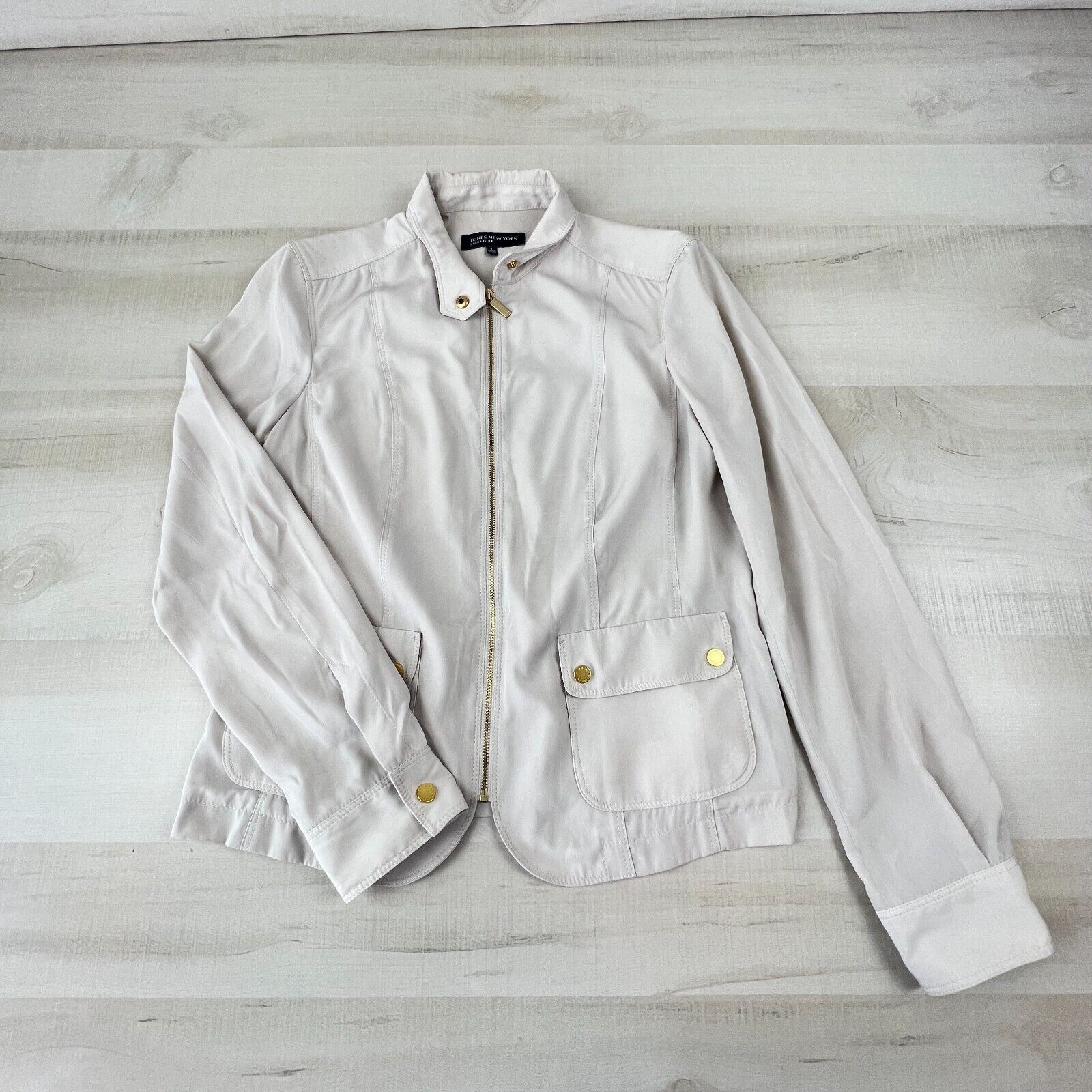 Jones New York Womens Jacket 4 Cream Full Zip Windbreak Gold Hardware