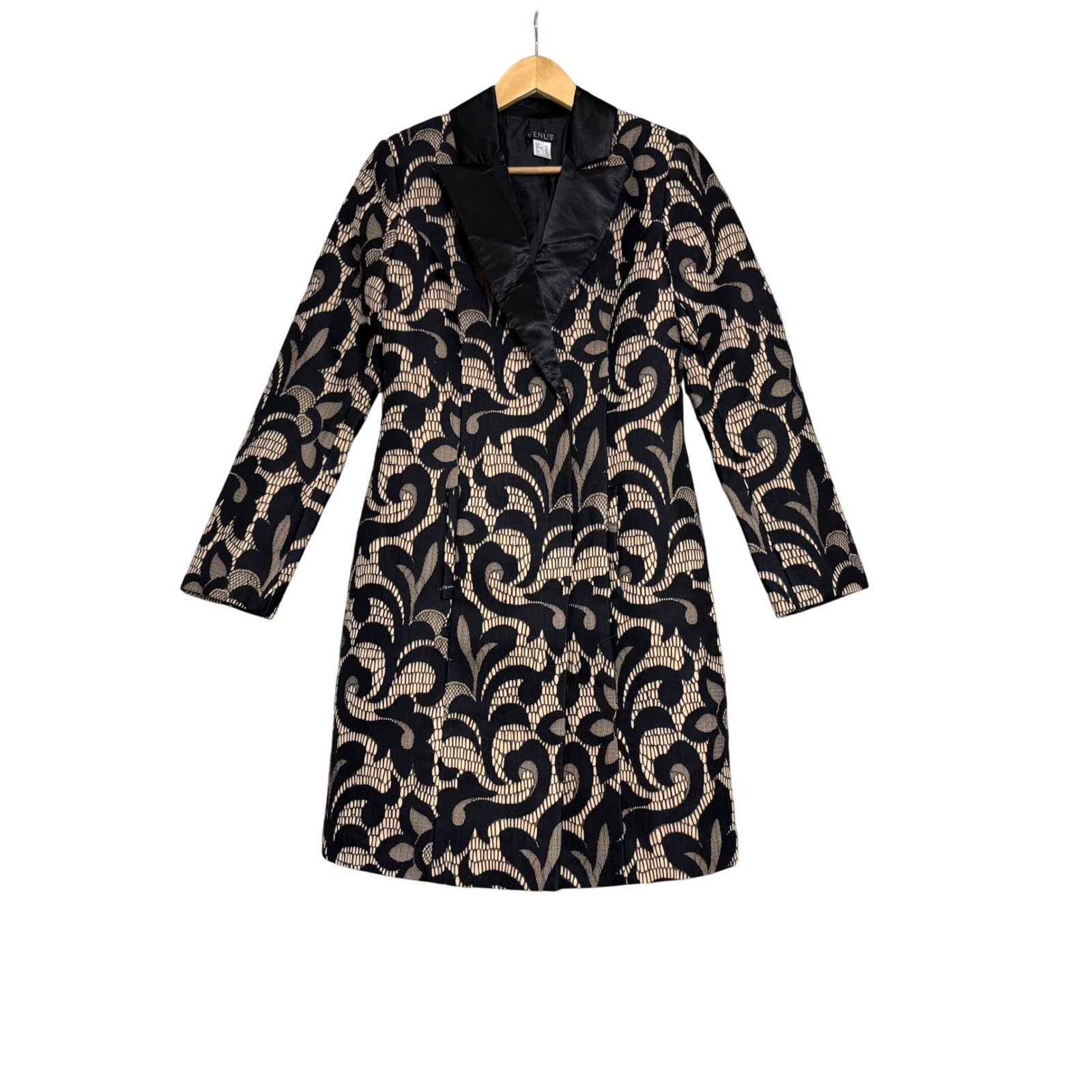 Venus Women Brocade Blazer Jacket 4 Black Tan Swirl Tuxedo Collar Jacquard
