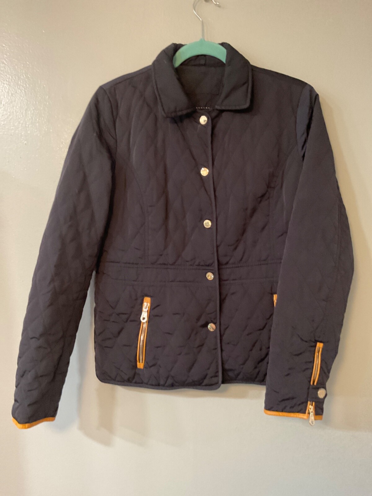 Massimo Dutti Dark Navy Blue Quilted Jacket Leather Trim Sz L
