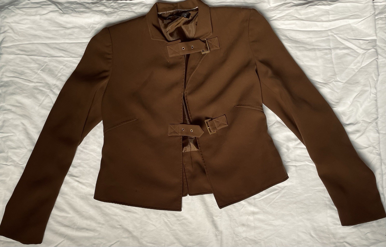 Women’s Brown Cropped Buckle Jacket Moto Minimalist Chic Size