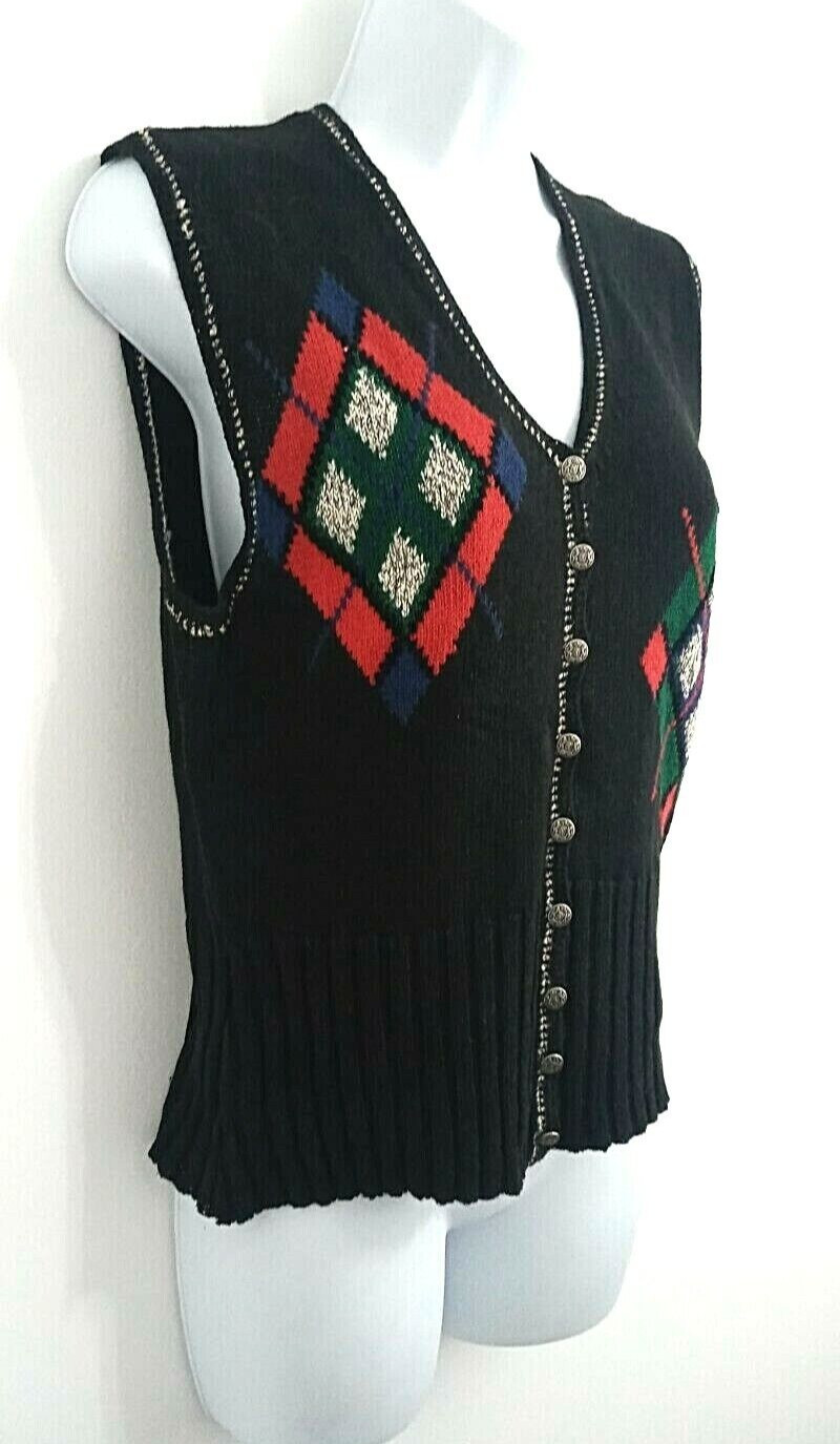 Vintage Susan Bristol Sweater Vest Women’s S Small Black Argyle Preppy Grandma