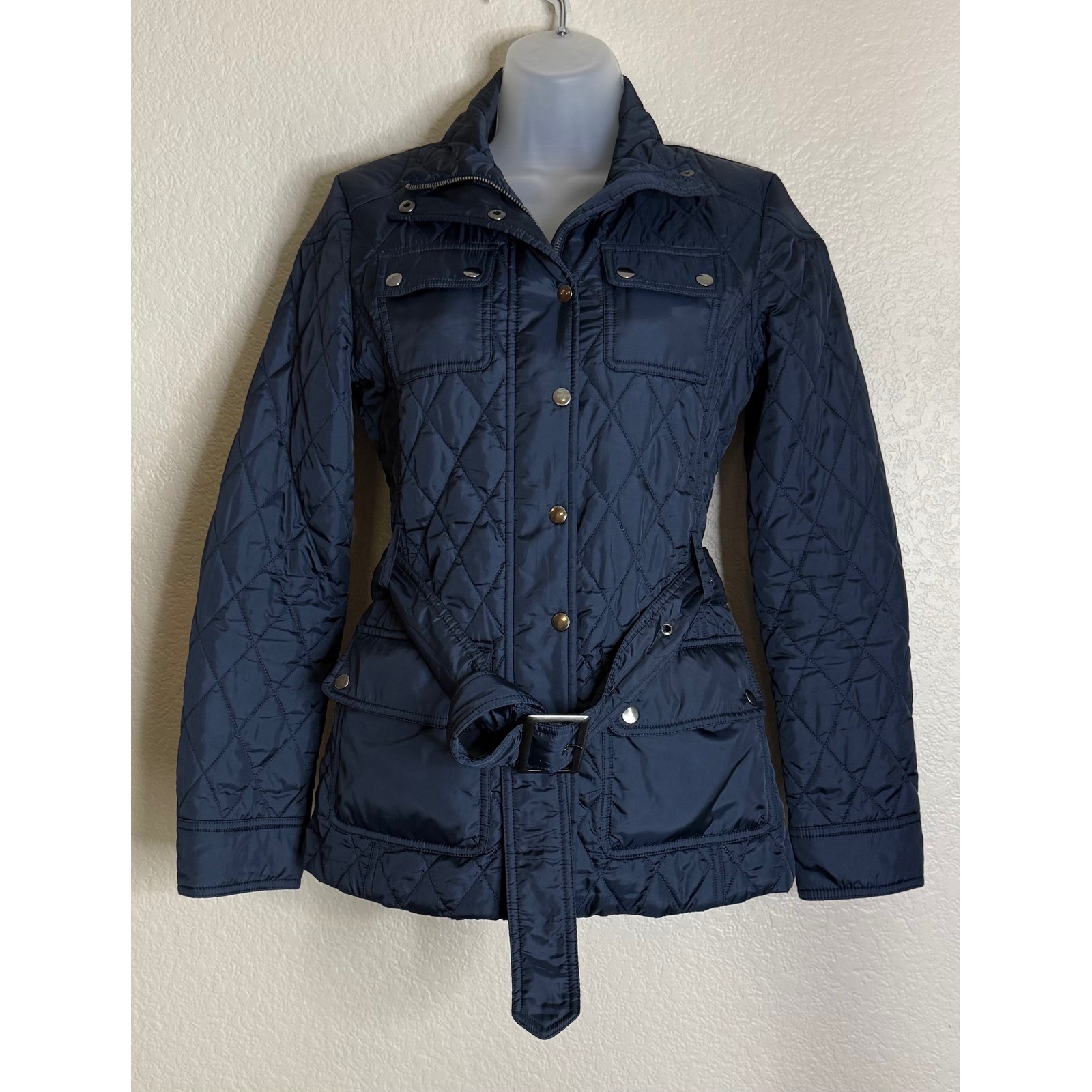 Banana Republic Women XS Quilted Jacket True Navy Belted Polka Dot Lining Preppy