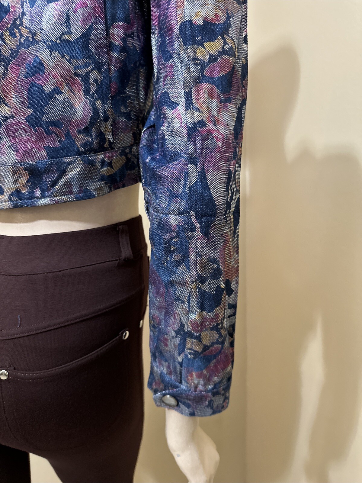 Women’s Violet Floral Denim Cotton Casual Stretch Slim Button Size M Jacket
