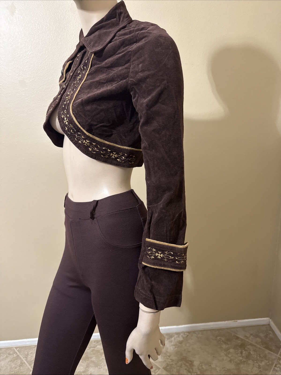 Women’s Brown Cotton Velvet Casual Embroidered Hooks Size L Short Jacket Cape