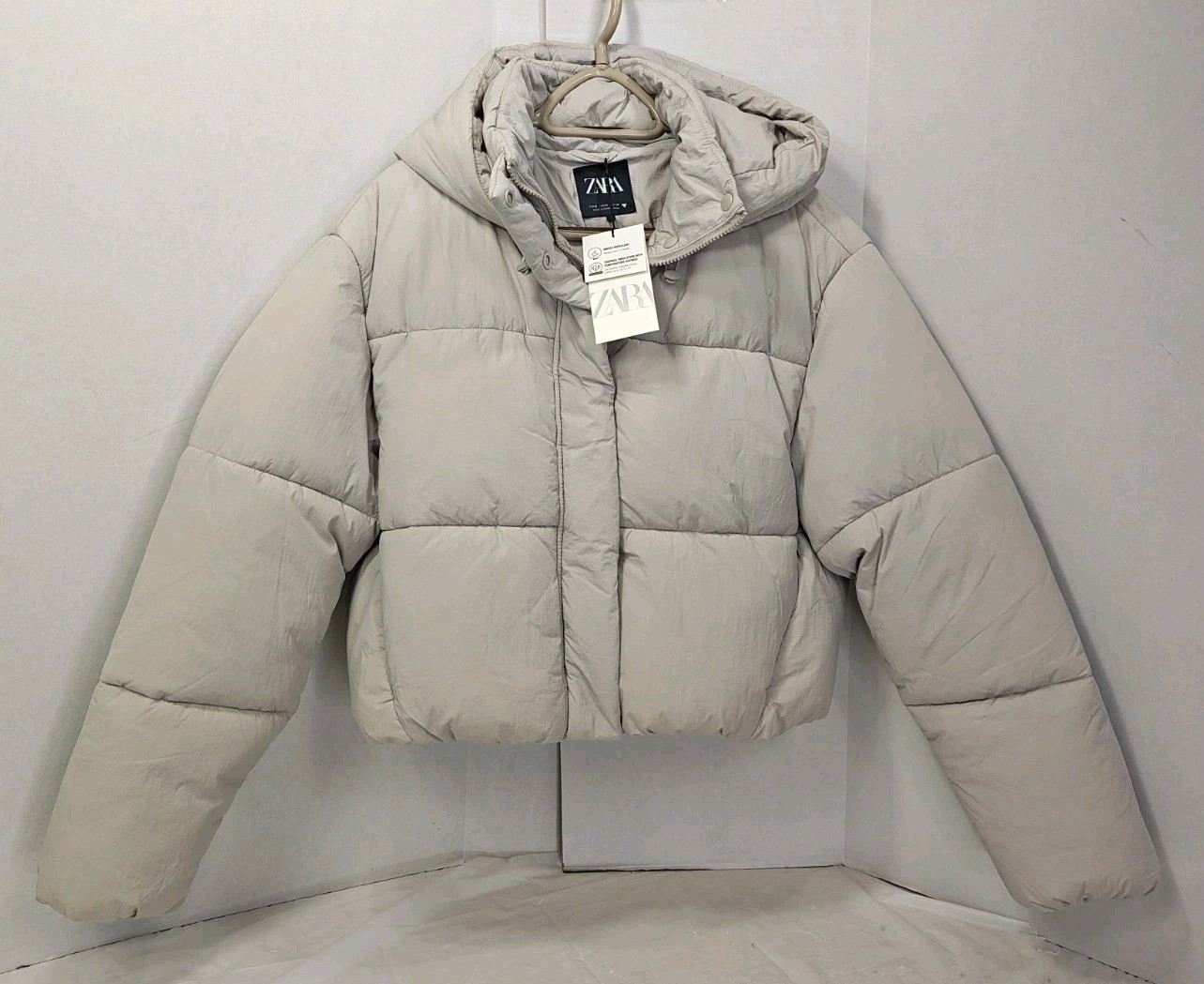 ZARA Water Repellent Windproof Hooded Puffer Jacket Ecru Beige M NWT 4749/747