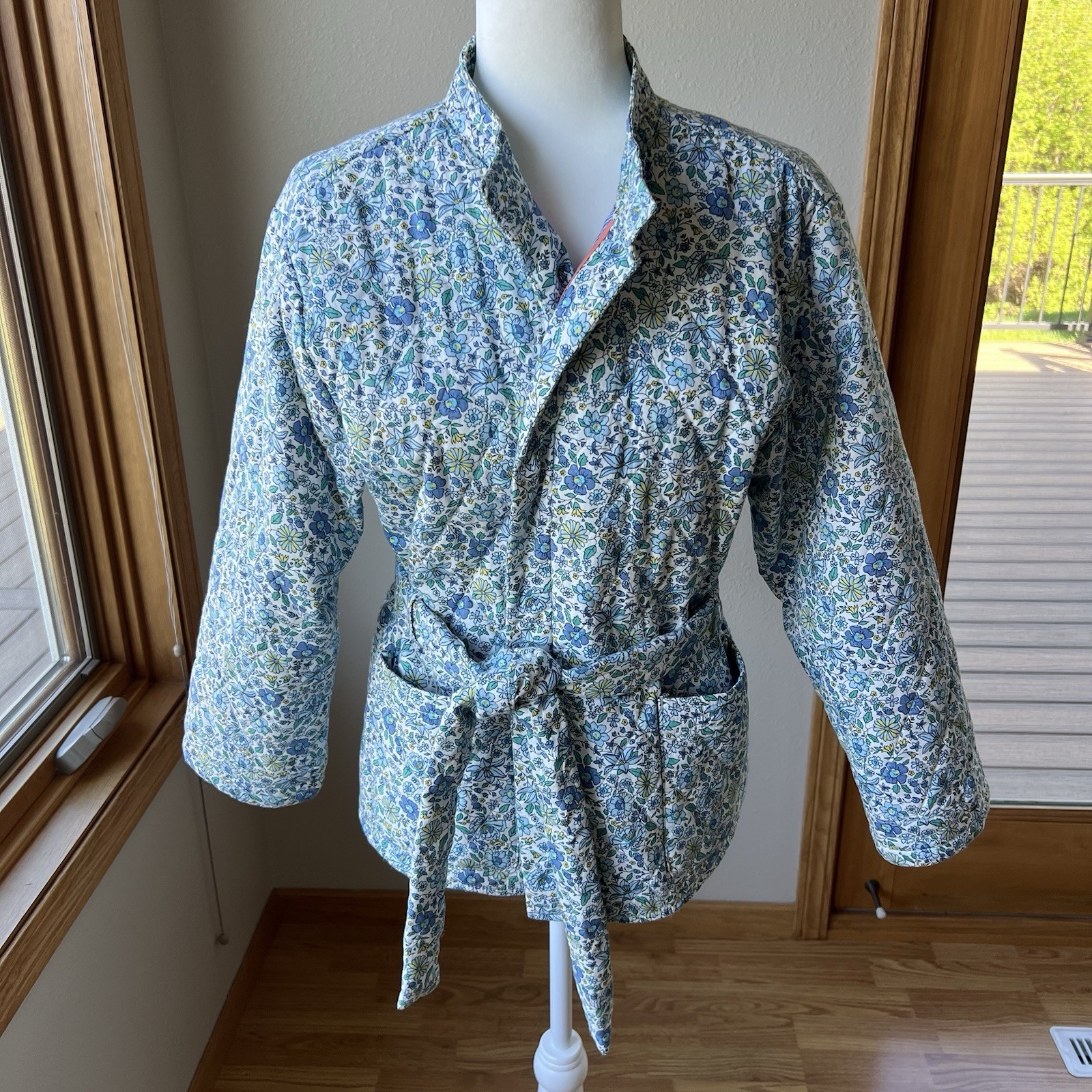 Floral Quilted Jacket Women’s L Belted Cottagecore Blue Pockets Granny Cotton