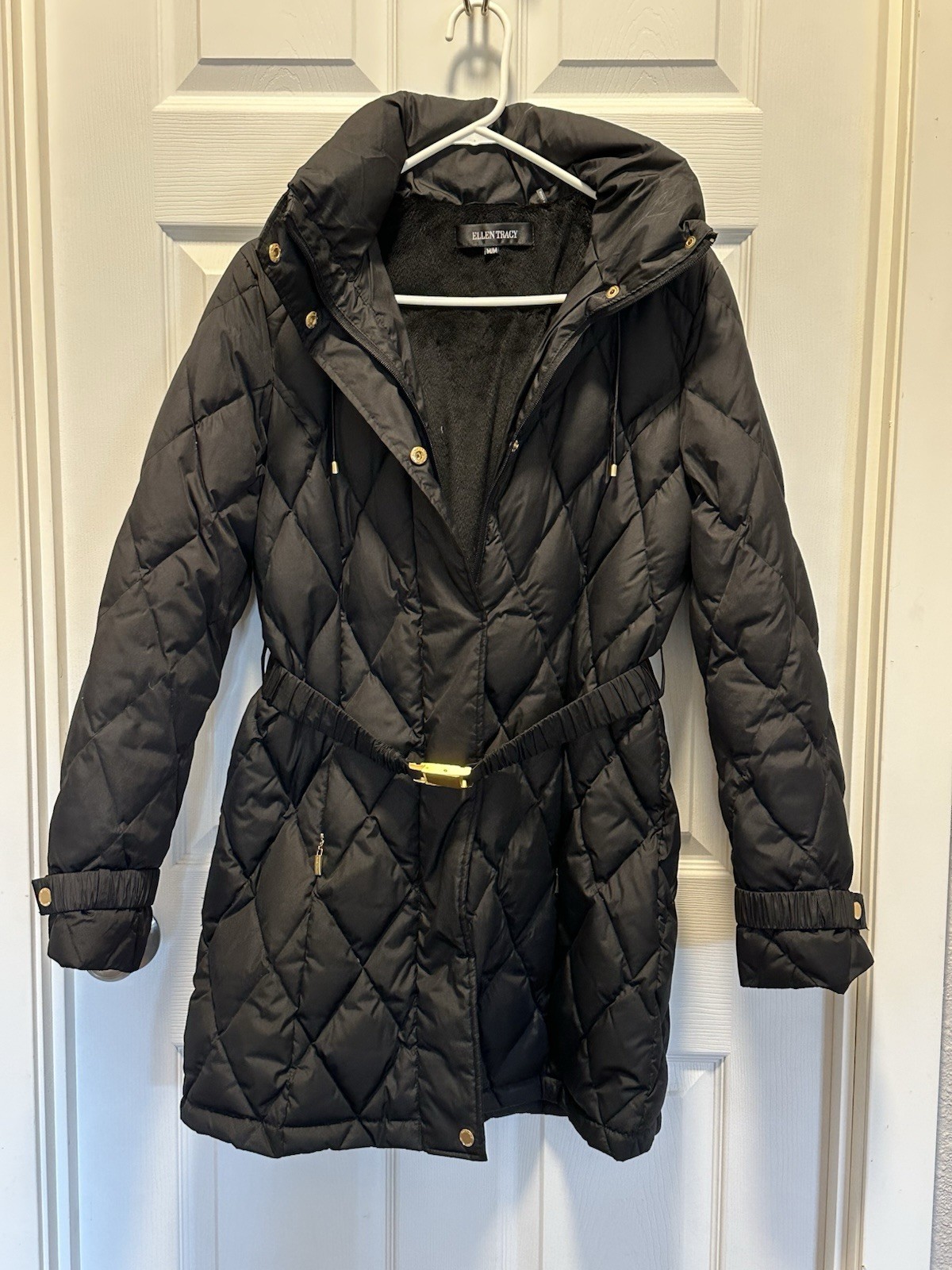 Ellen Tracey Puffer Mid-Length Belted Hooded Jacket With Gold Accents