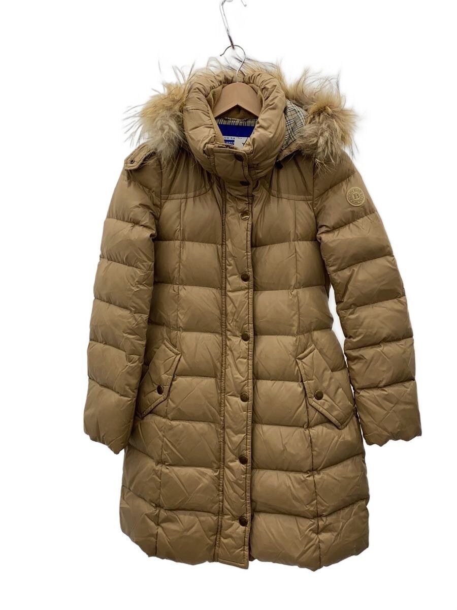 BURBERRY BLUE LABEL Down Coat Brown Fur Hood Women Size 38 Nova Check Japan