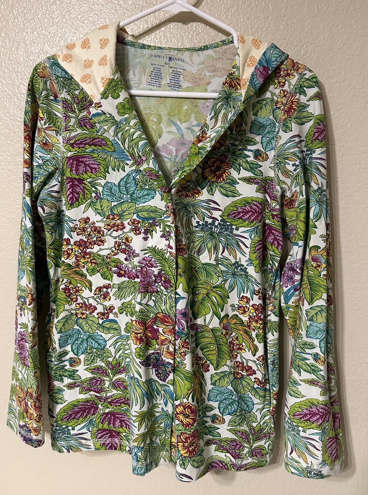 April Cornell Womens Jacket XXS Green Floral Hooded Full Zip Lightweight Pockets