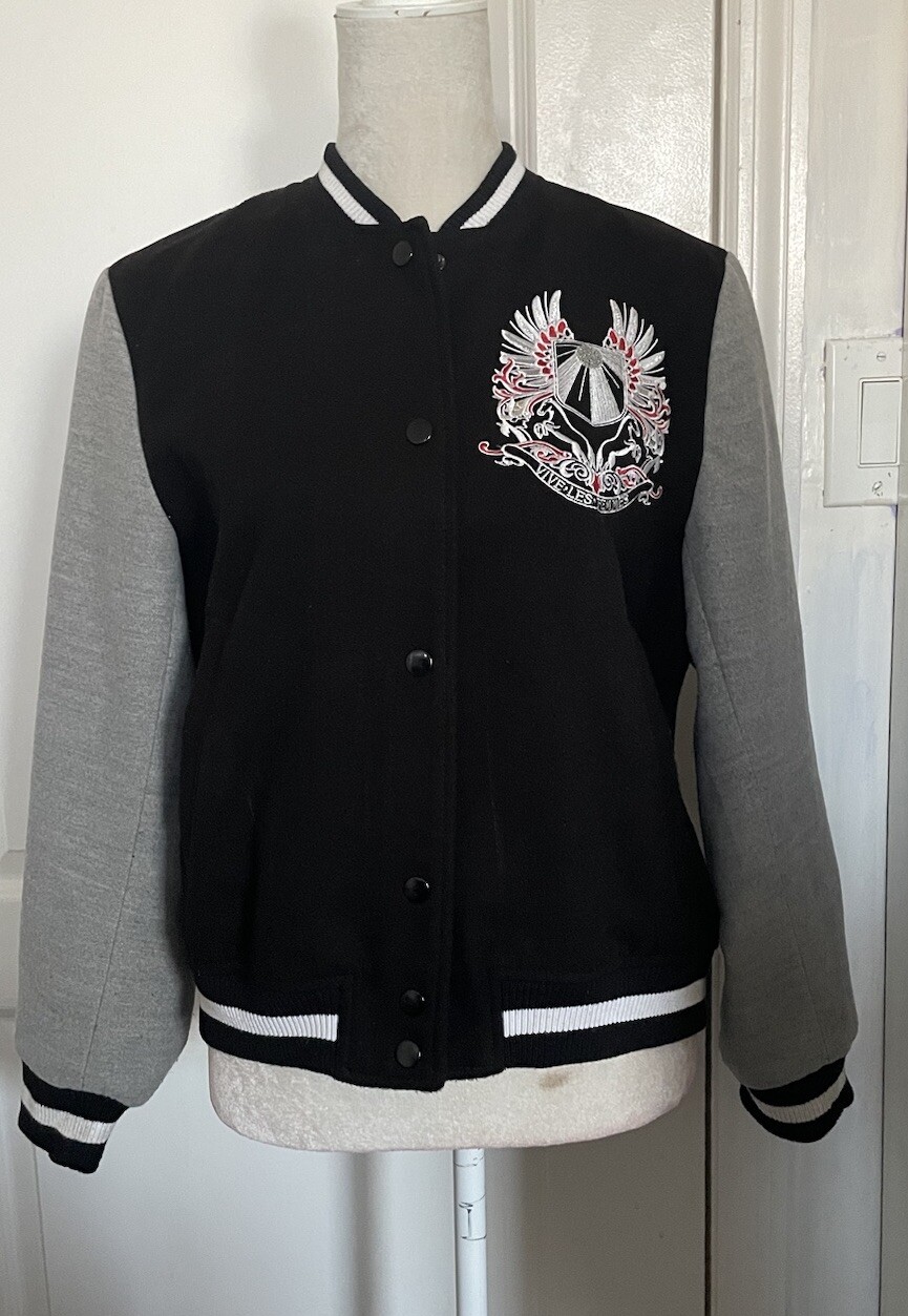 H&M Vive Les Femmes Letter Varsity Snap Jacket Women’s Size 8 Black/Gray