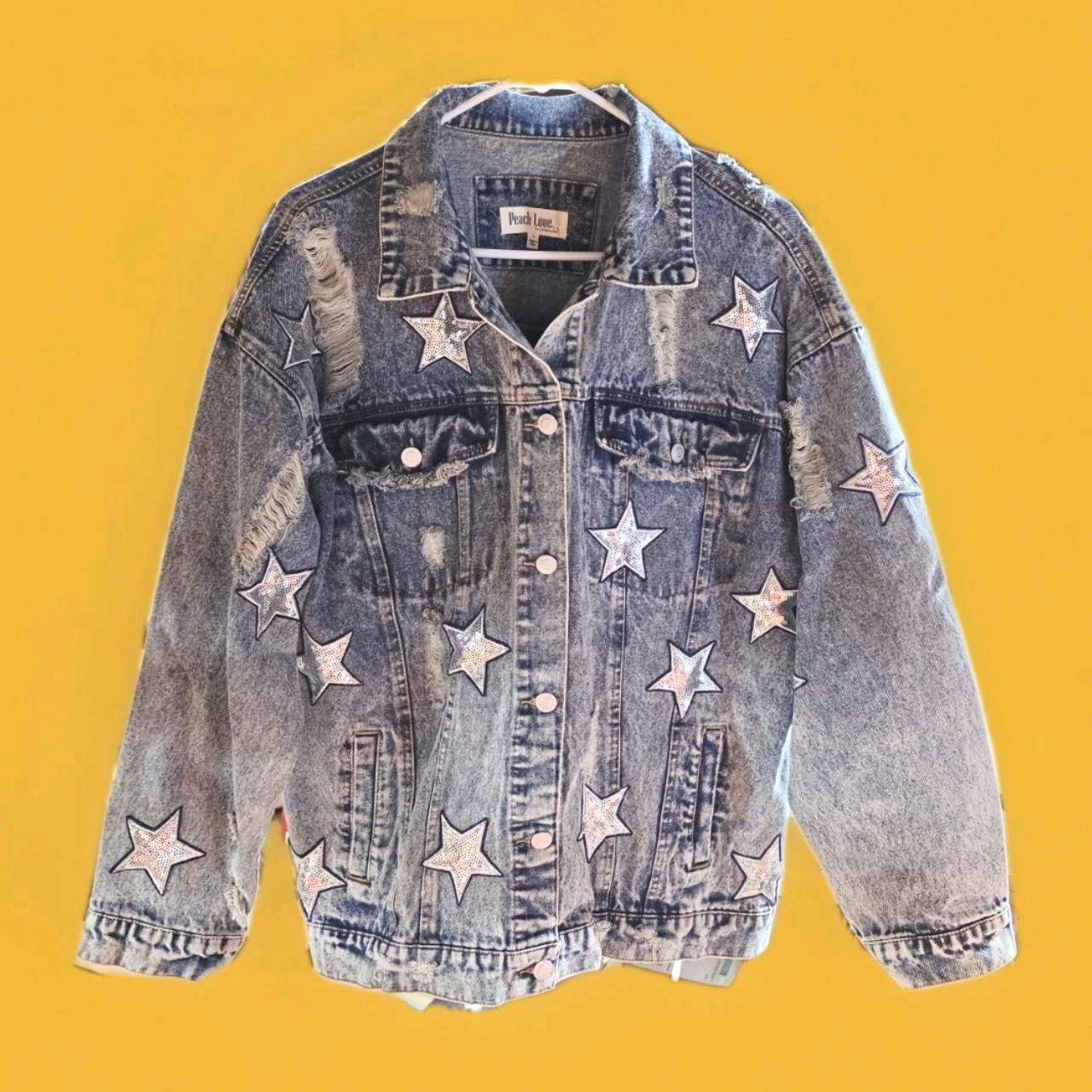 Peach Love California Denim Jacket Distressed Shiny Star Large