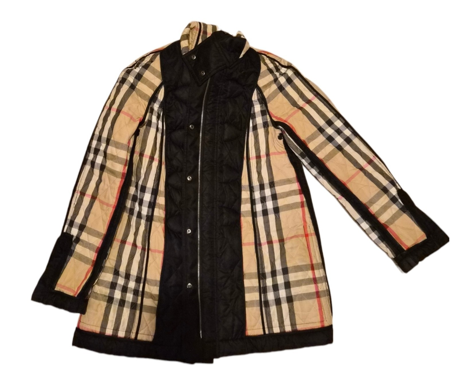 Burberry Brit Women’s Black Hooded Quilted Jacket, Check Lined, XS