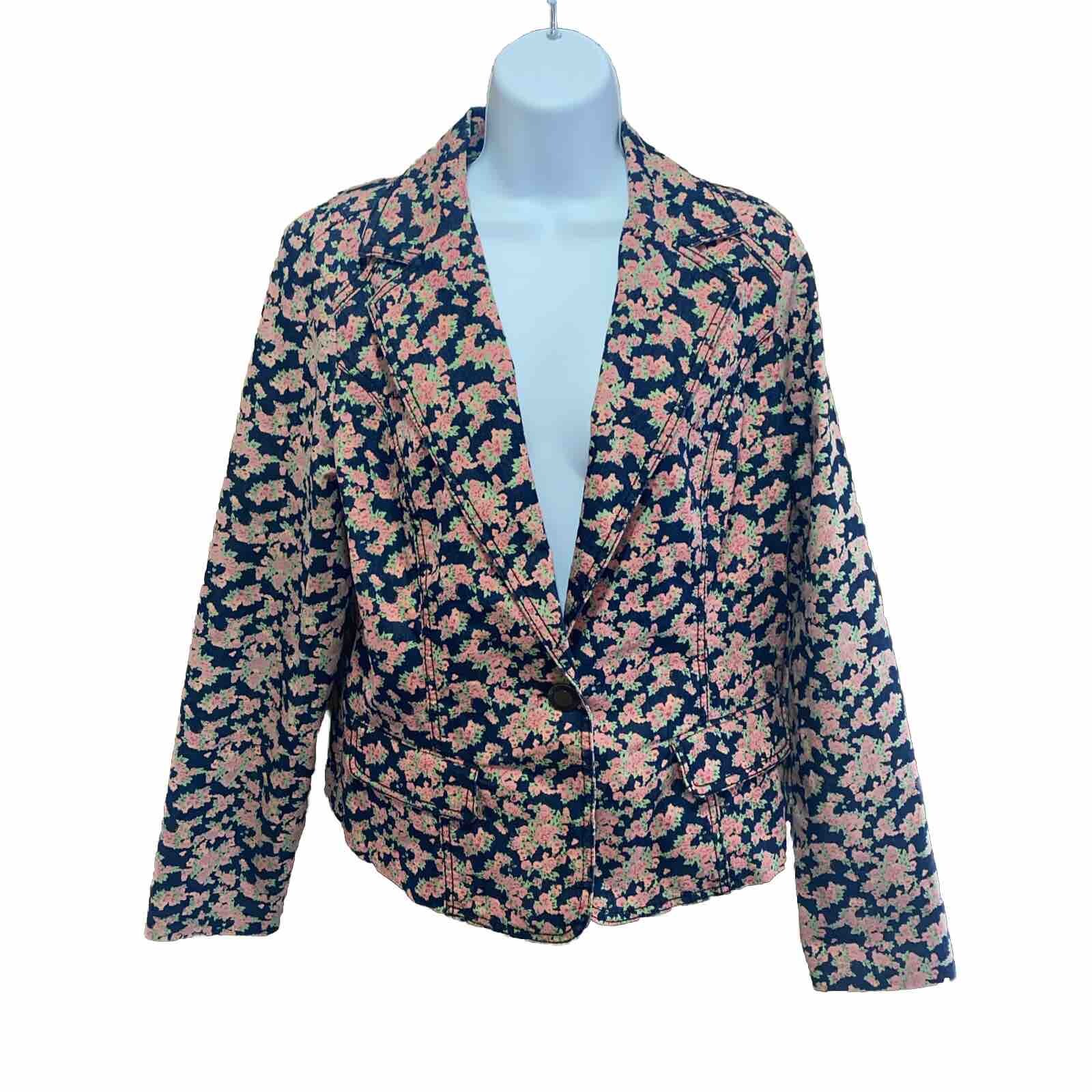 JW Style Denim Pink Green Blue Floral Long Sleeved Jacket Large EUC