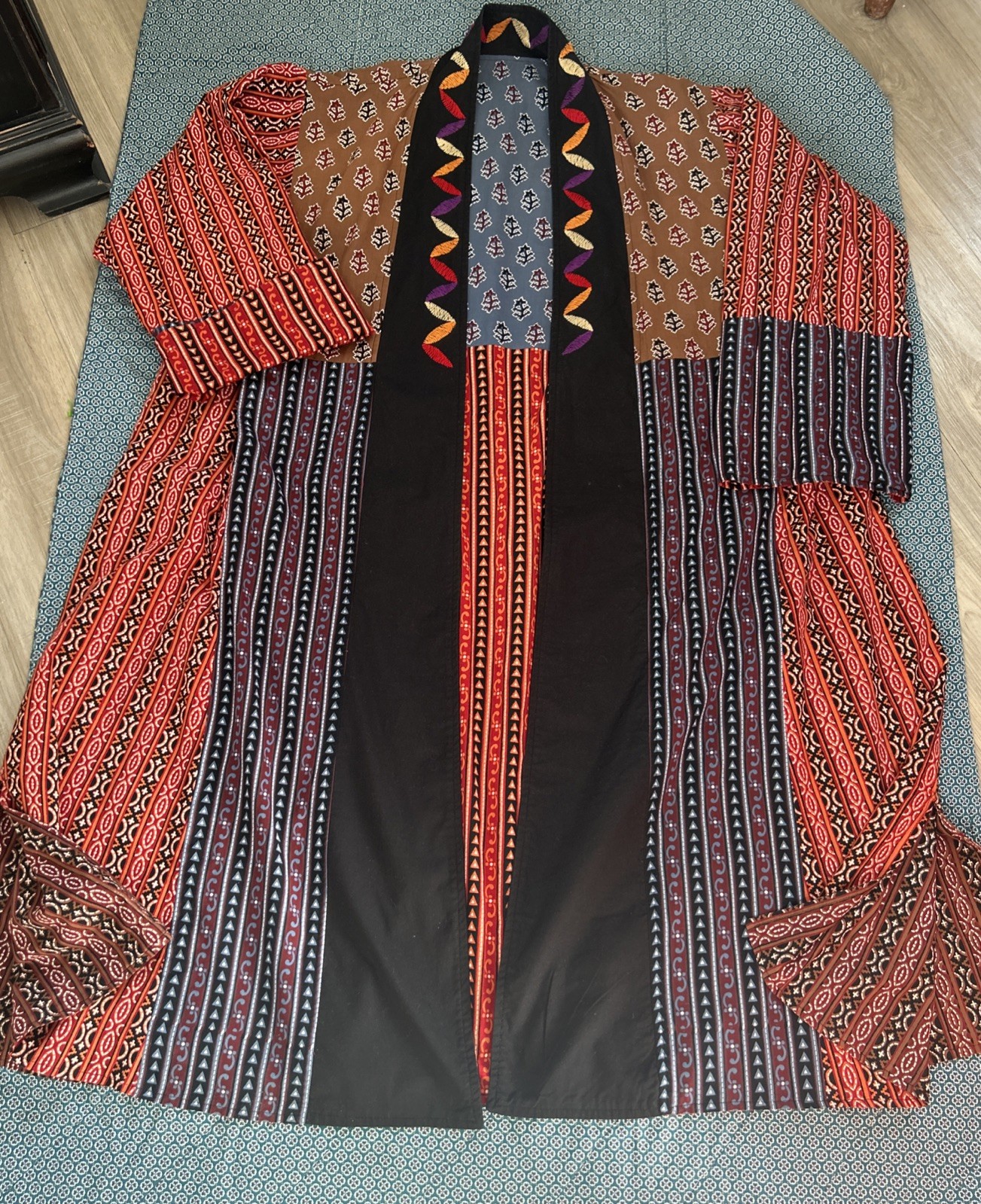 Women’s XL Patchwork Kimono Duster Long Hand Crafted Embroidered Reversible OOAK
