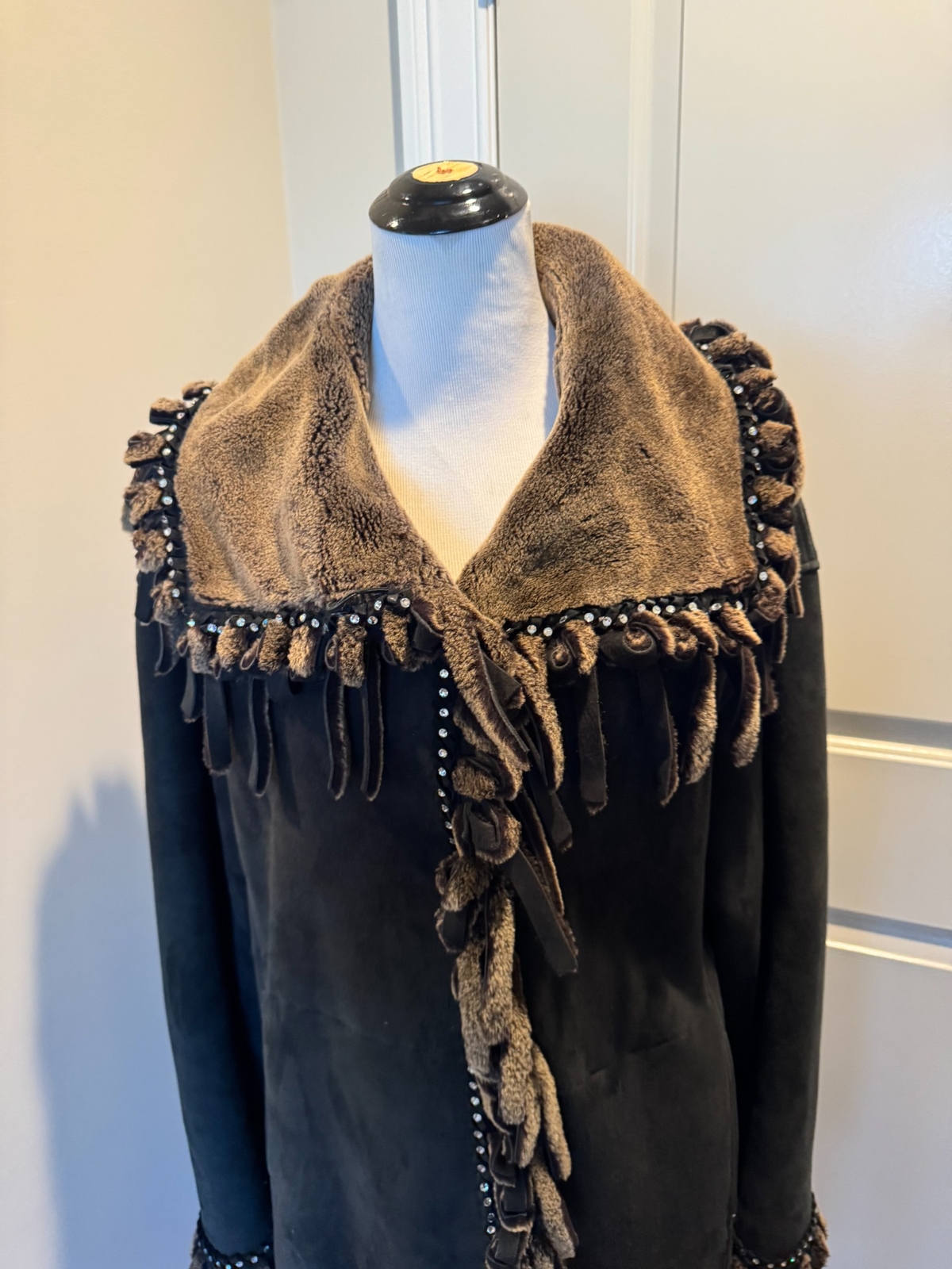 Sinclair Charcoal Gray Suede Shearling Coat Fringes SZ IT 44/US 10 EUC