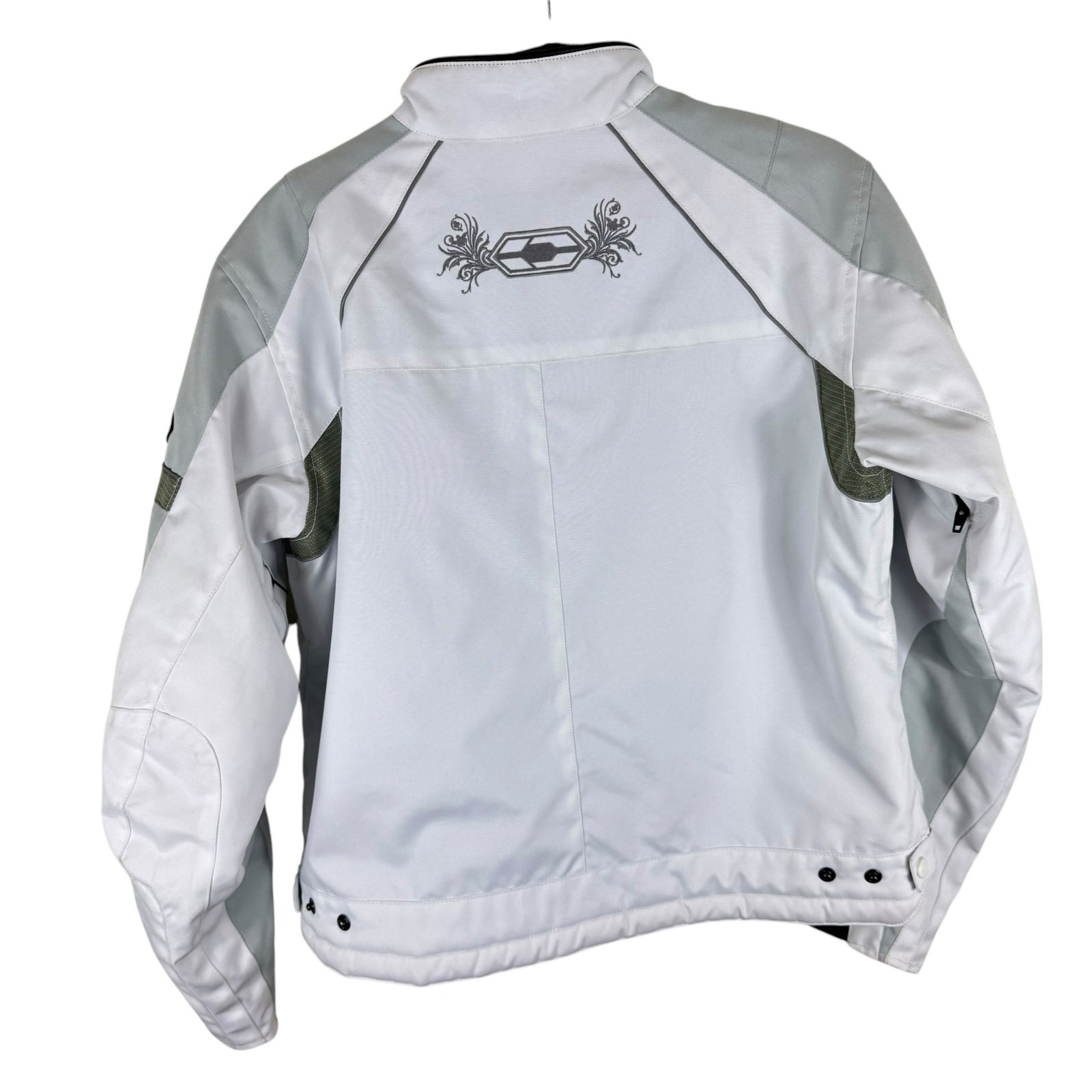 Castle Streetwear White Gray Full Zip Lined Mock Neck Motorcycle Jacket Size 10