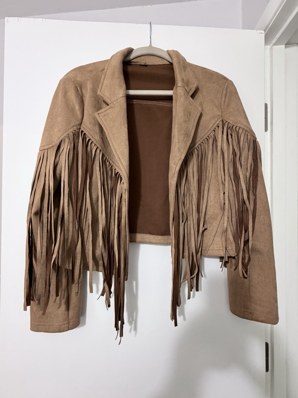 Faux Suede Fringe Cropped Cowgirl Jacket Tan Medium Cowgirl Festival